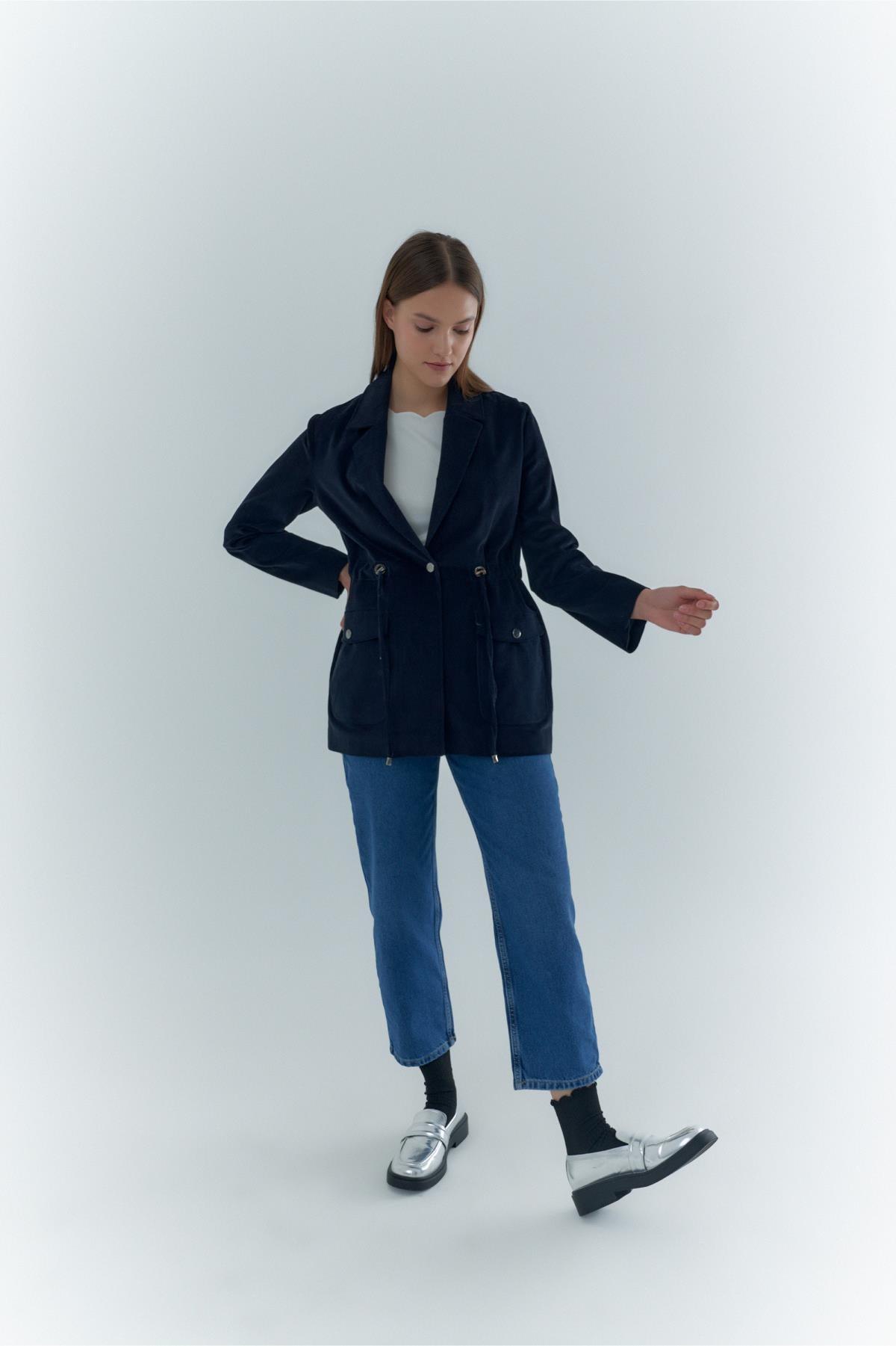 2 Cepli İp Detaylı Kadife Kadın Ceket - Eser Giyim