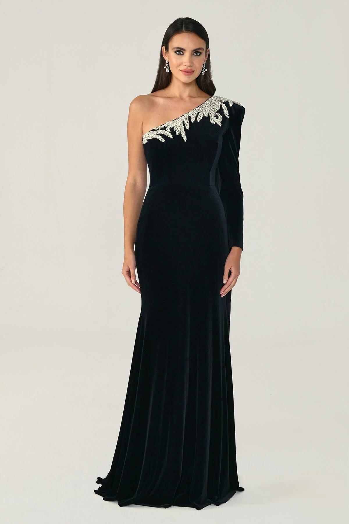 One Shoulder Velvet Long Evening Dress with Pearl Embellished Collar Detail
