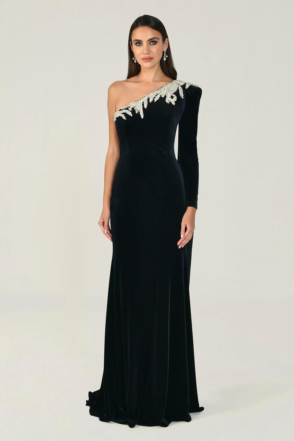 One Shoulder Velvet Long Evening Dress with Pearl Embellished Collar Detail