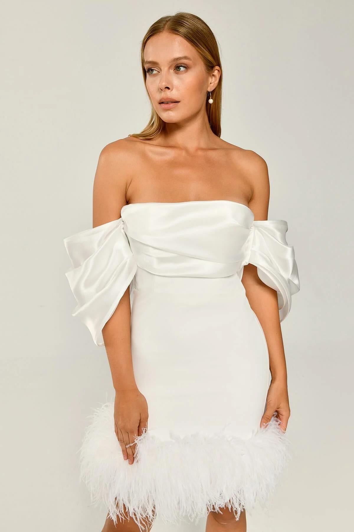 Off-the-Shoulder Satin Mini Dress with Feathered Skirt