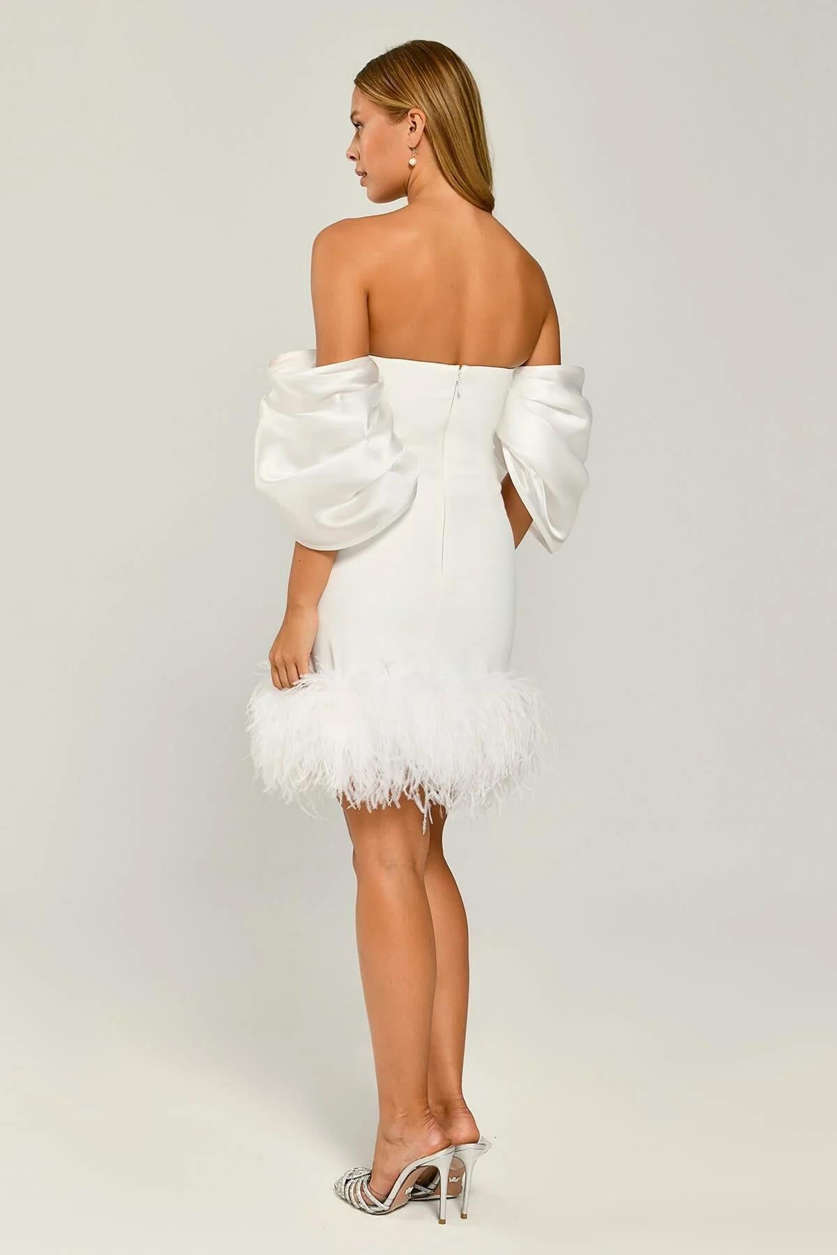 Off-the-Shoulder Satin Mini Dress with Feathered Skirt