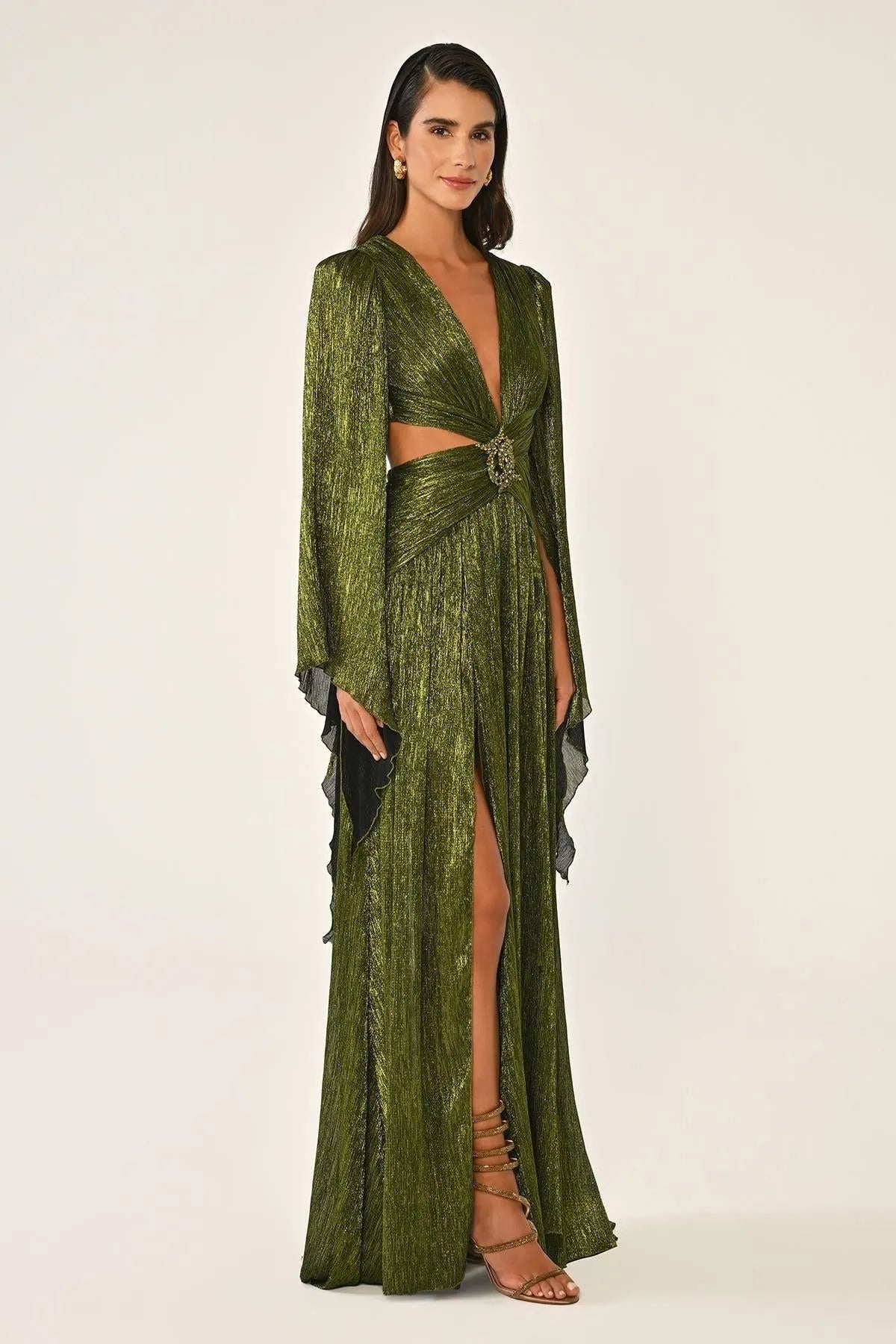 V Yaka Bel Sırt Dekolteli Önü Broşlu Şifon Uzun Abiye Elbise