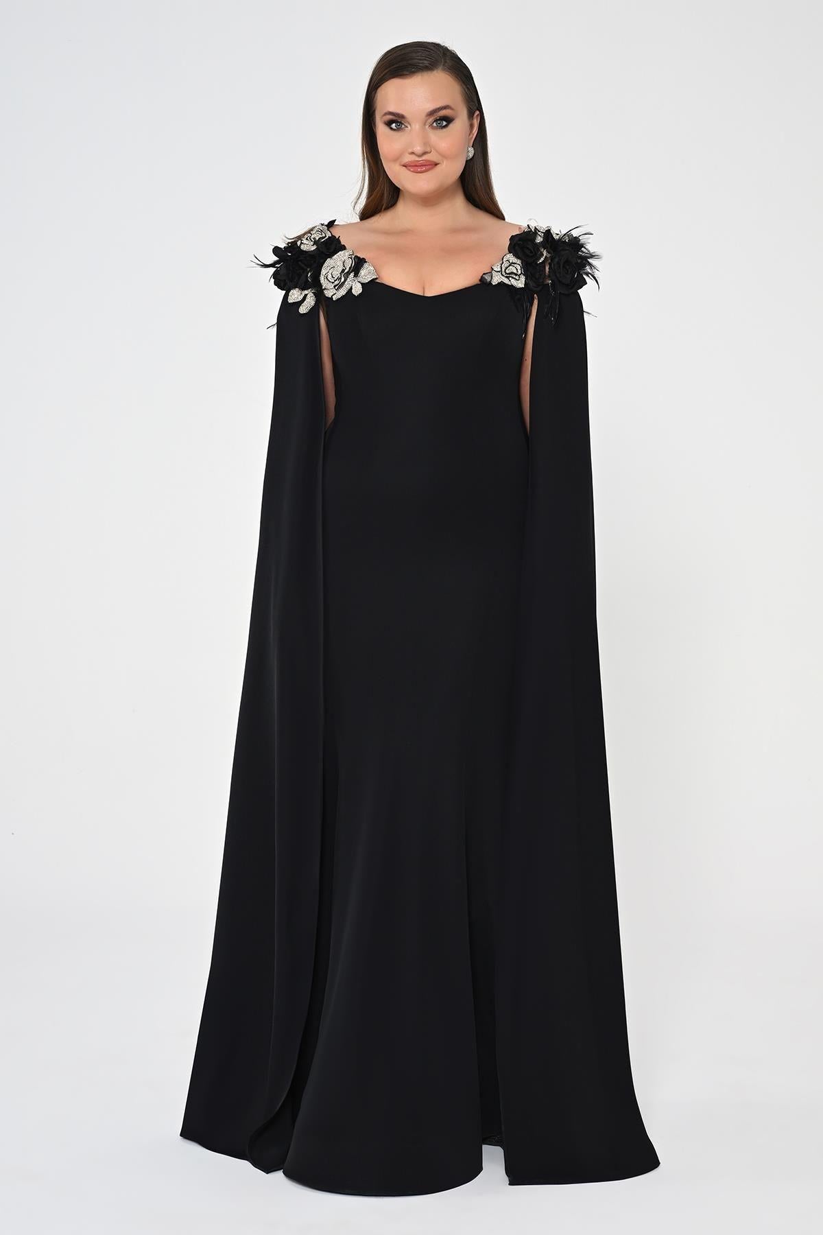 Plus Size Long Evening Dress with Floral Cape on Shoulders