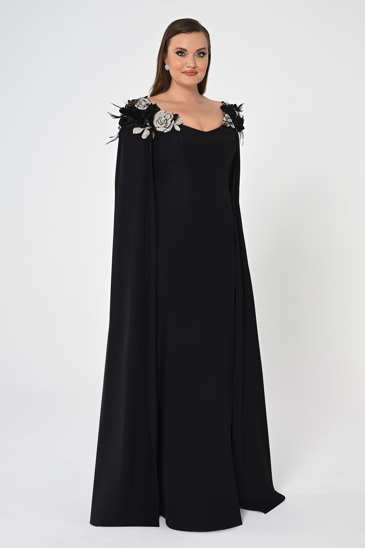 Plus Size Long Evening Dress with Floral Cape on Shoulders