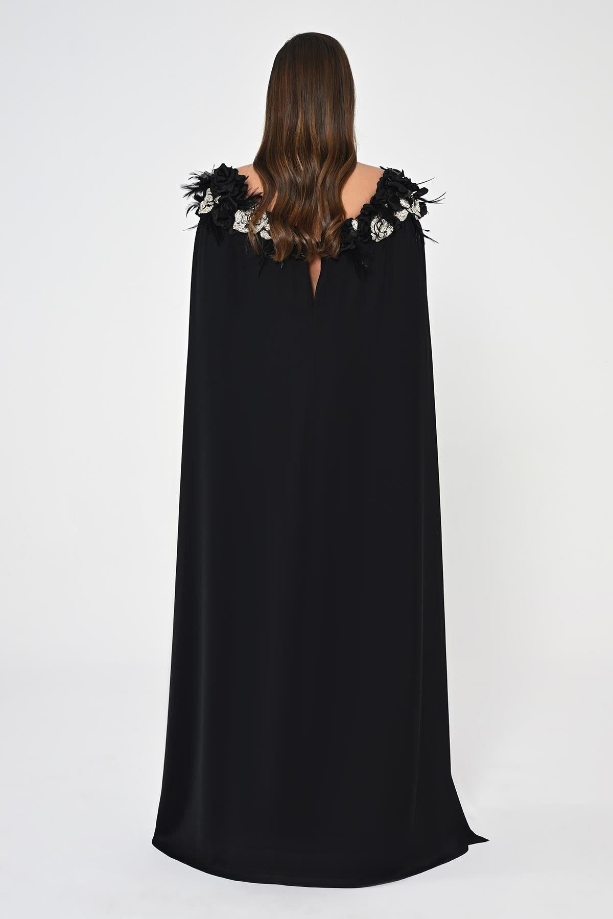 Plus Size Long Evening Dress with Floral Cape on Shoulders