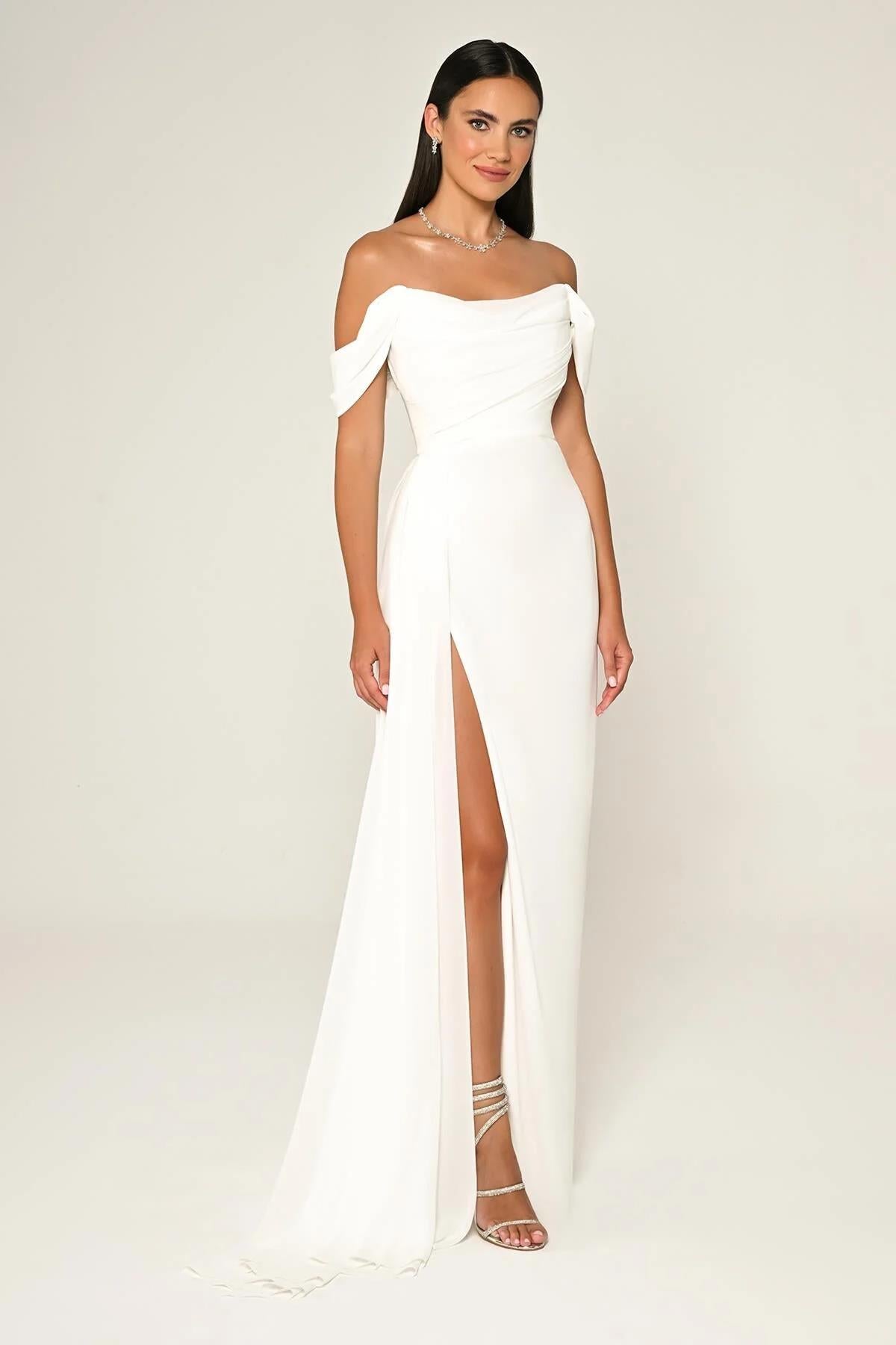 Off Shoulder Side Slit Chiffon Long Evening Dress