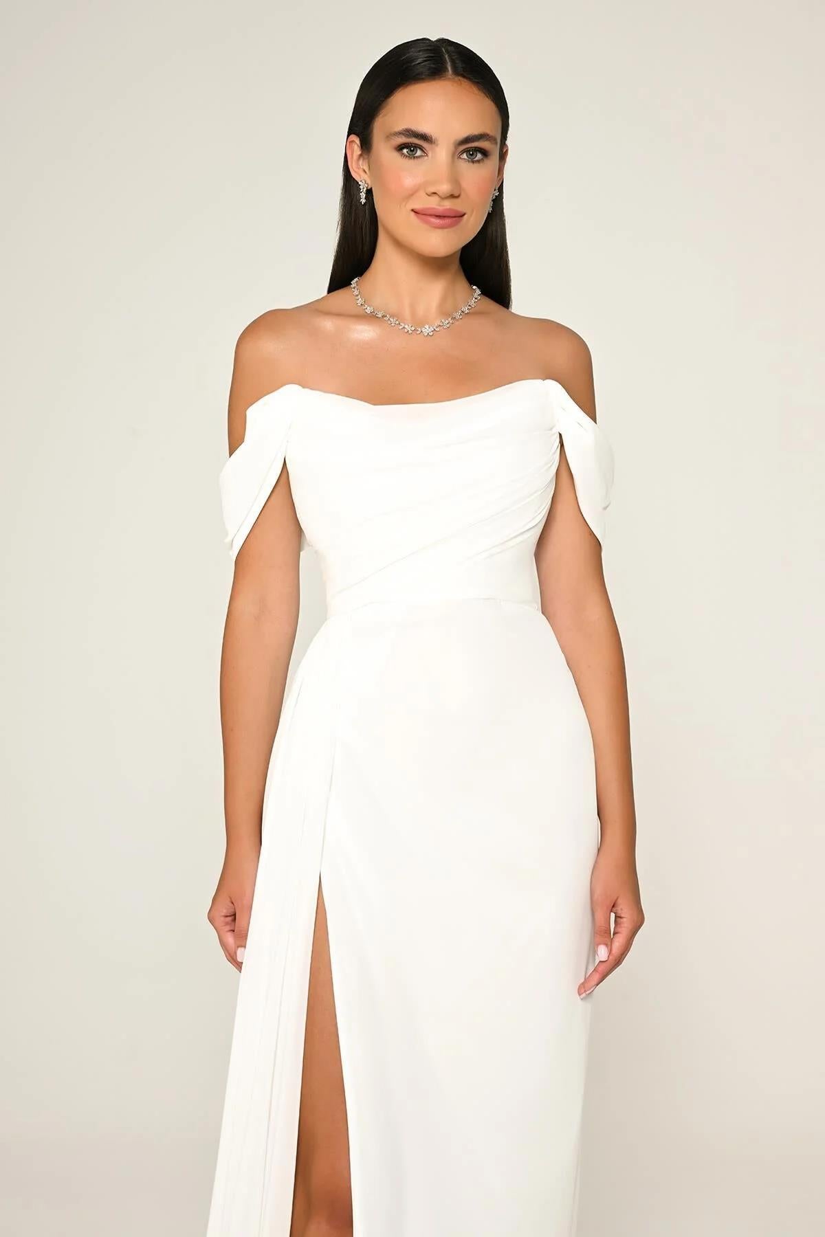 Off Shoulder Side Slit Chiffon Long Evening Dress