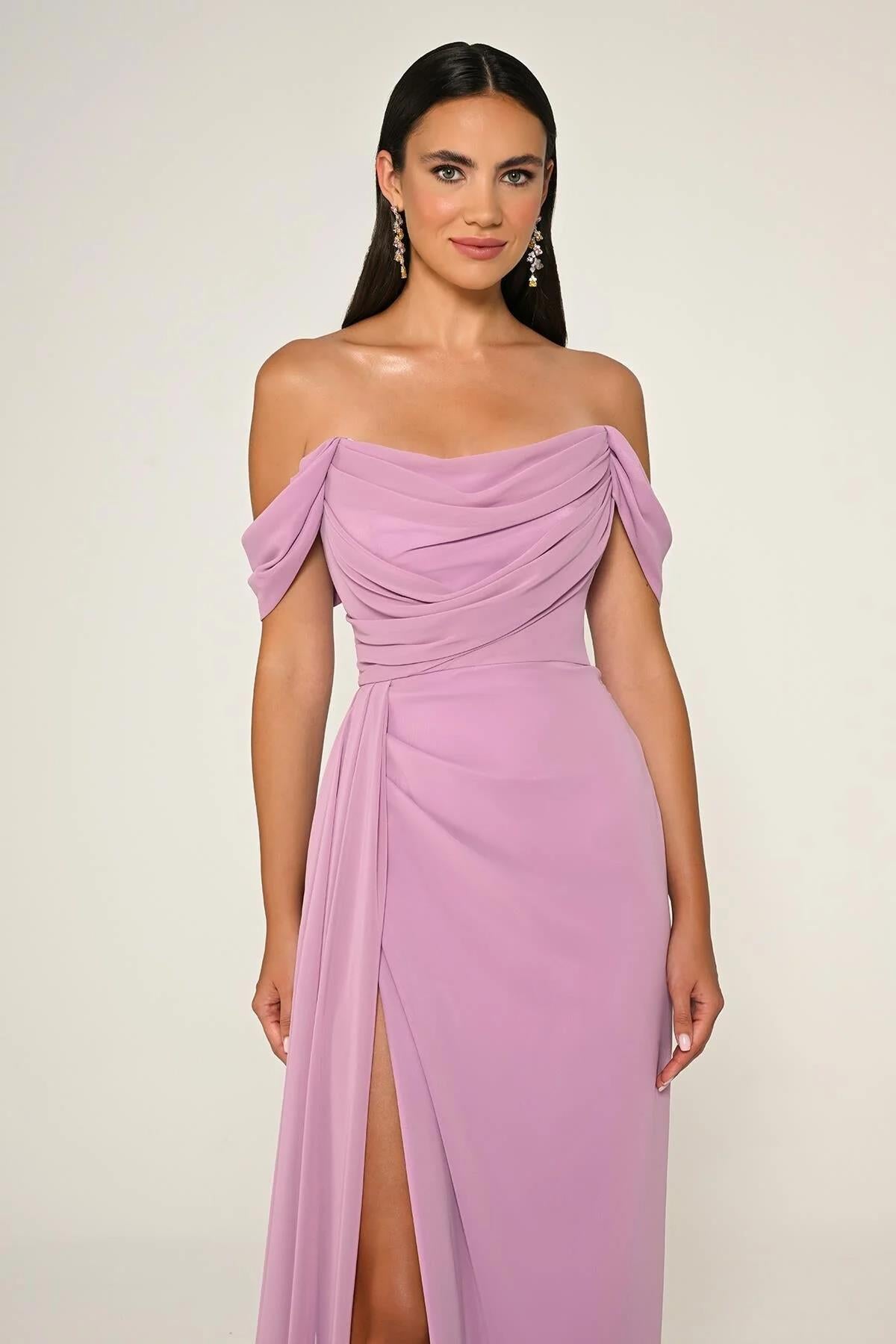 Off Shoulder Side Slit Chiffon Long Evening Dress