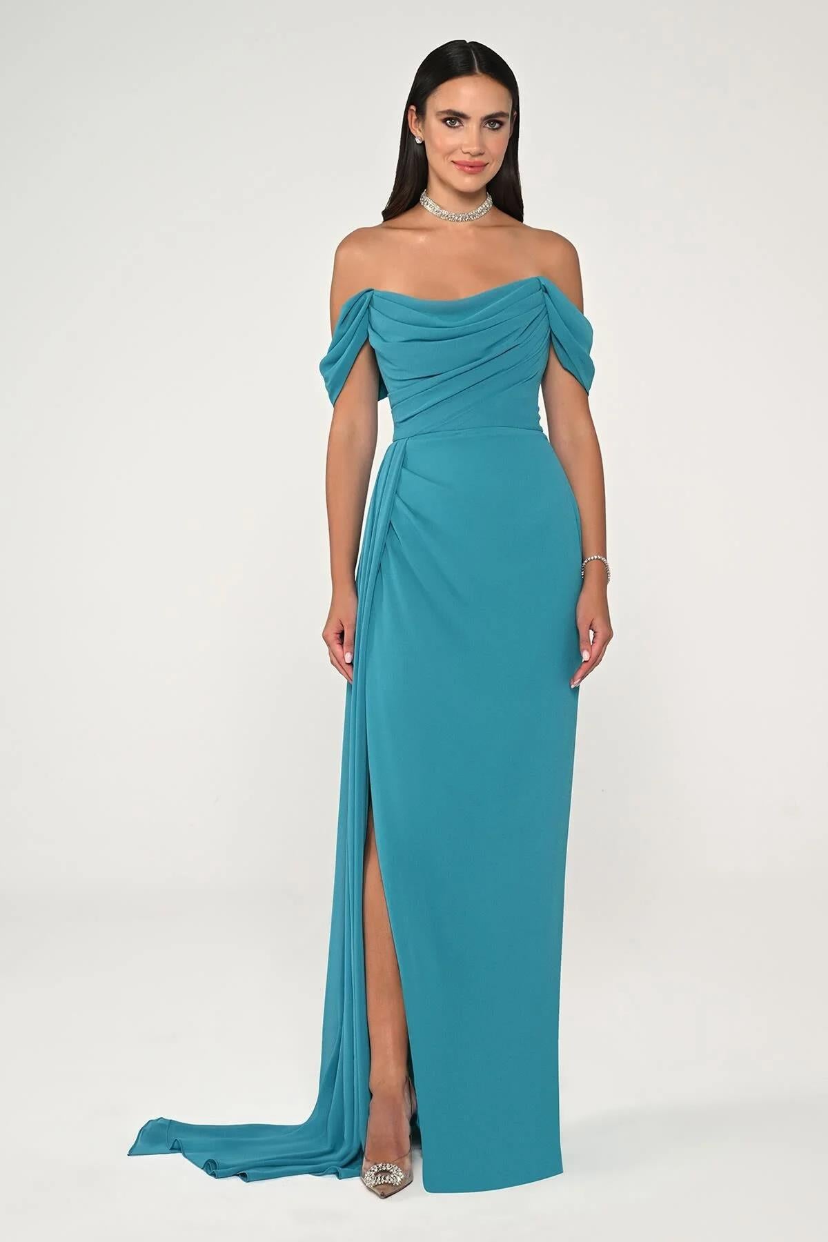 Off Shoulder Side Slit Chiffon Long Evening Dress