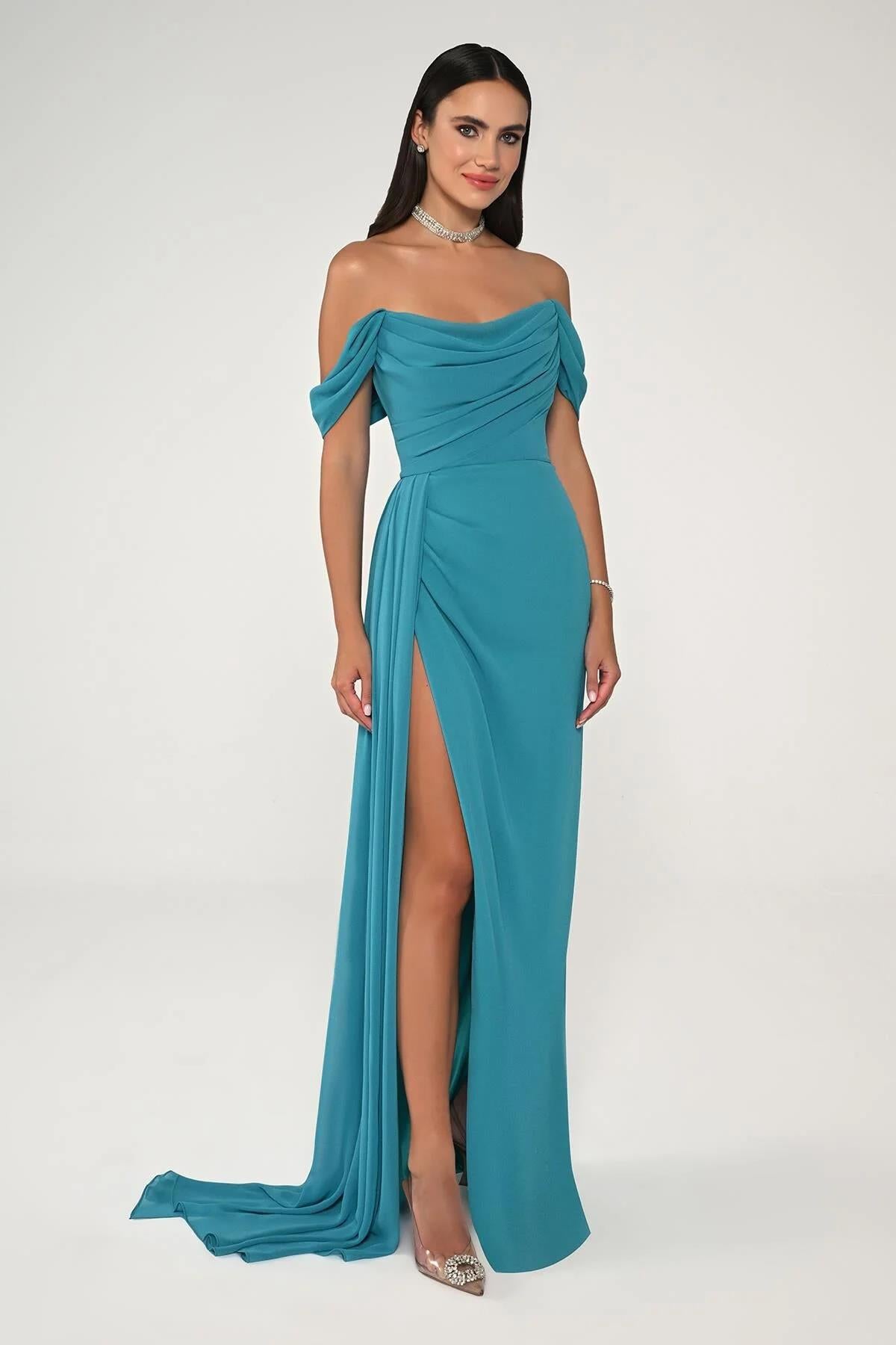 Off Shoulder Side Slit Chiffon Long Evening Dress