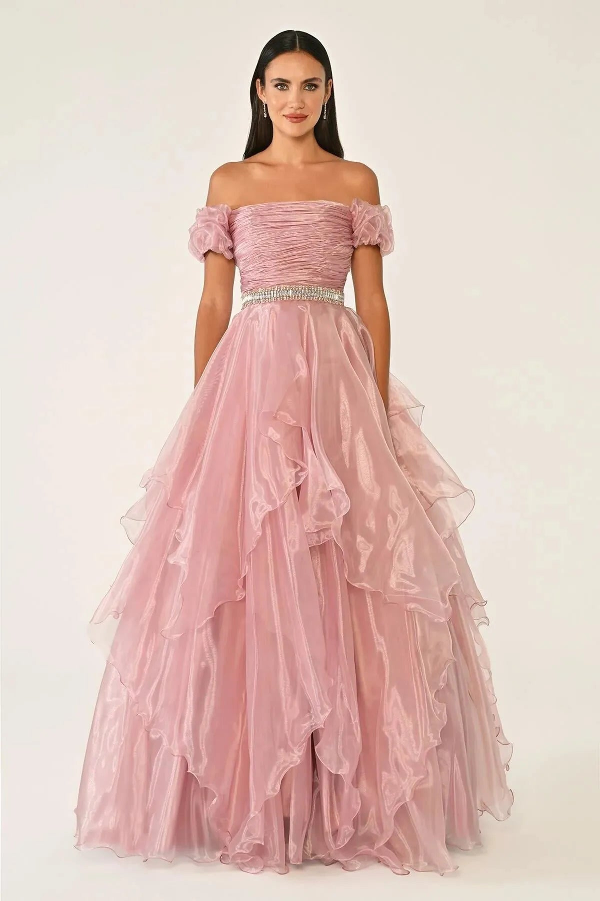 Off-the-Shoulder Layered Puffy Organza Long Evening Dress