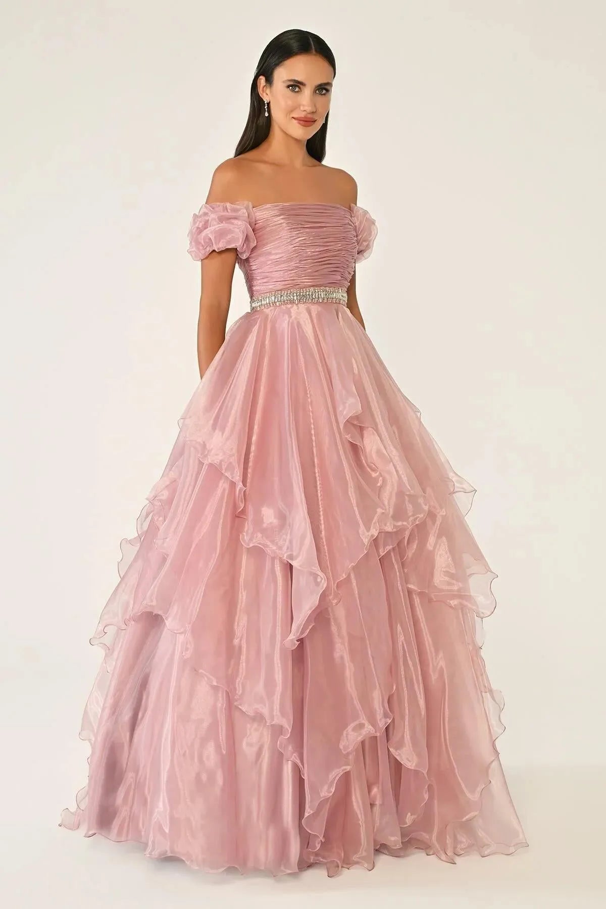 Off-the-Shoulder Layered Puffy Organza Long Evening Dress