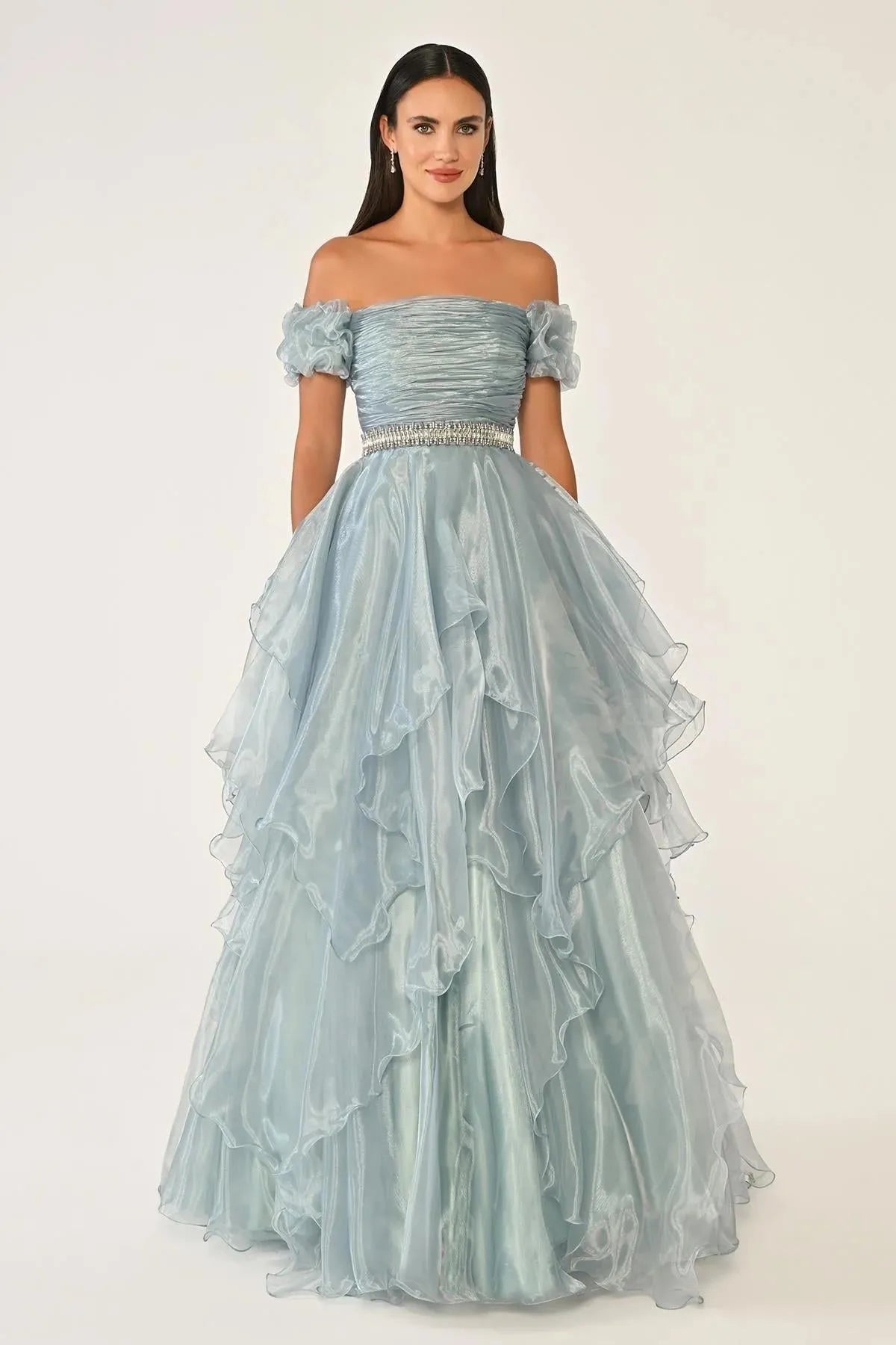 Off-the-Shoulder Layered Puffy Organza Long Evening Dress