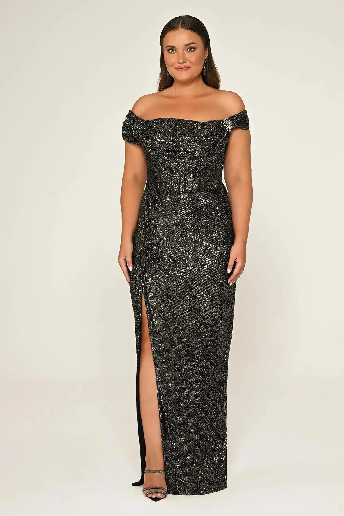 Off Shoulder Front Slit Sequin Long Plus Size Evening Dress