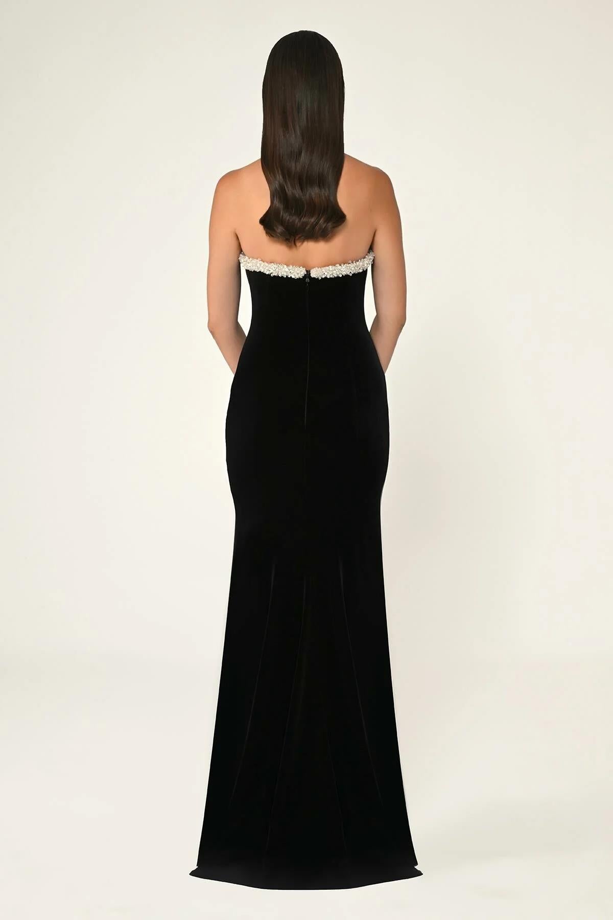 Strapless Chest Accessory Velvet Long Evening Dress