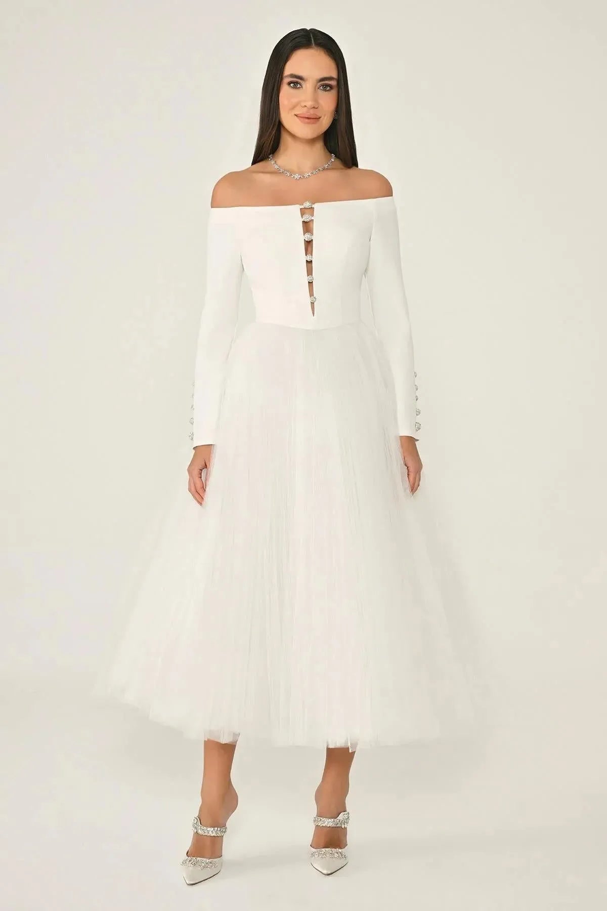 Open Shoulder Button Detailed Sleeved Tulle Skirt Midi Evening Dress