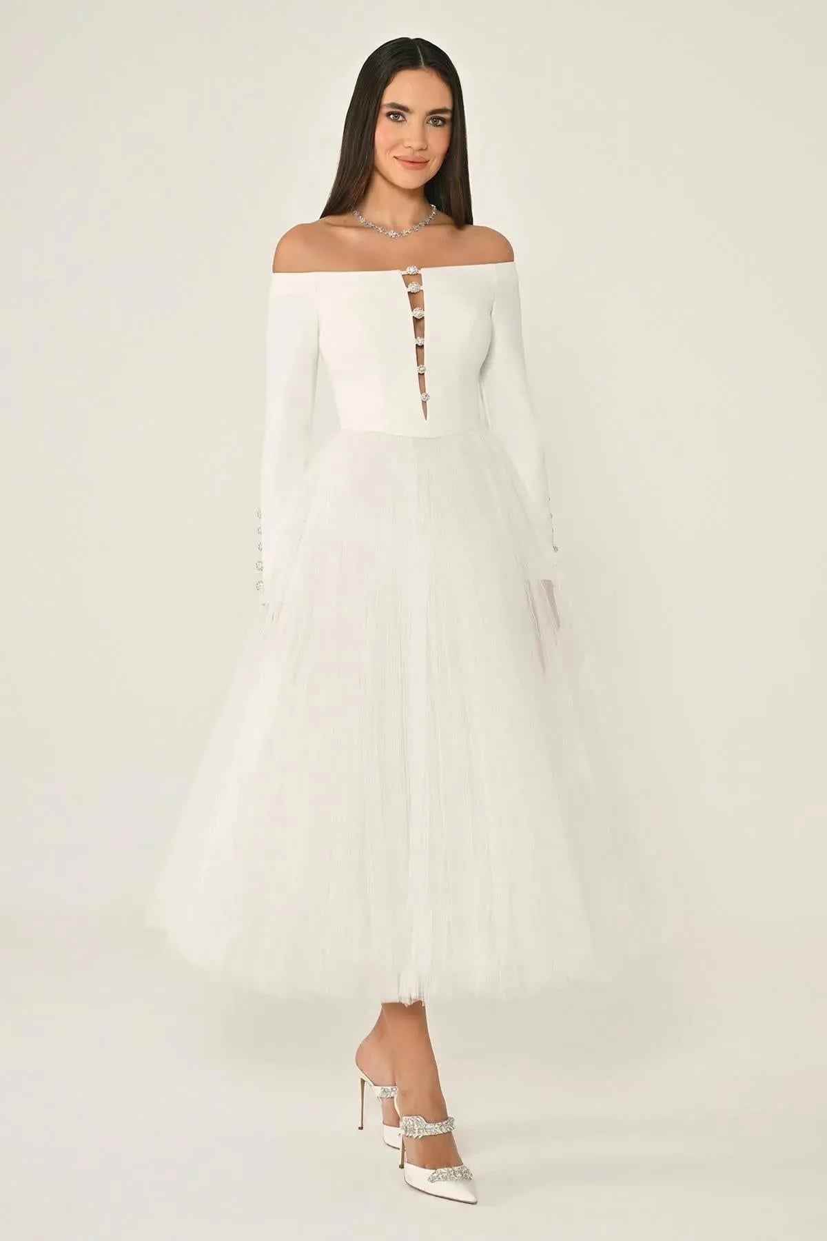 Open Shoulder Button Detailed Sleeved Tulle Skirt Midi Evening Dress