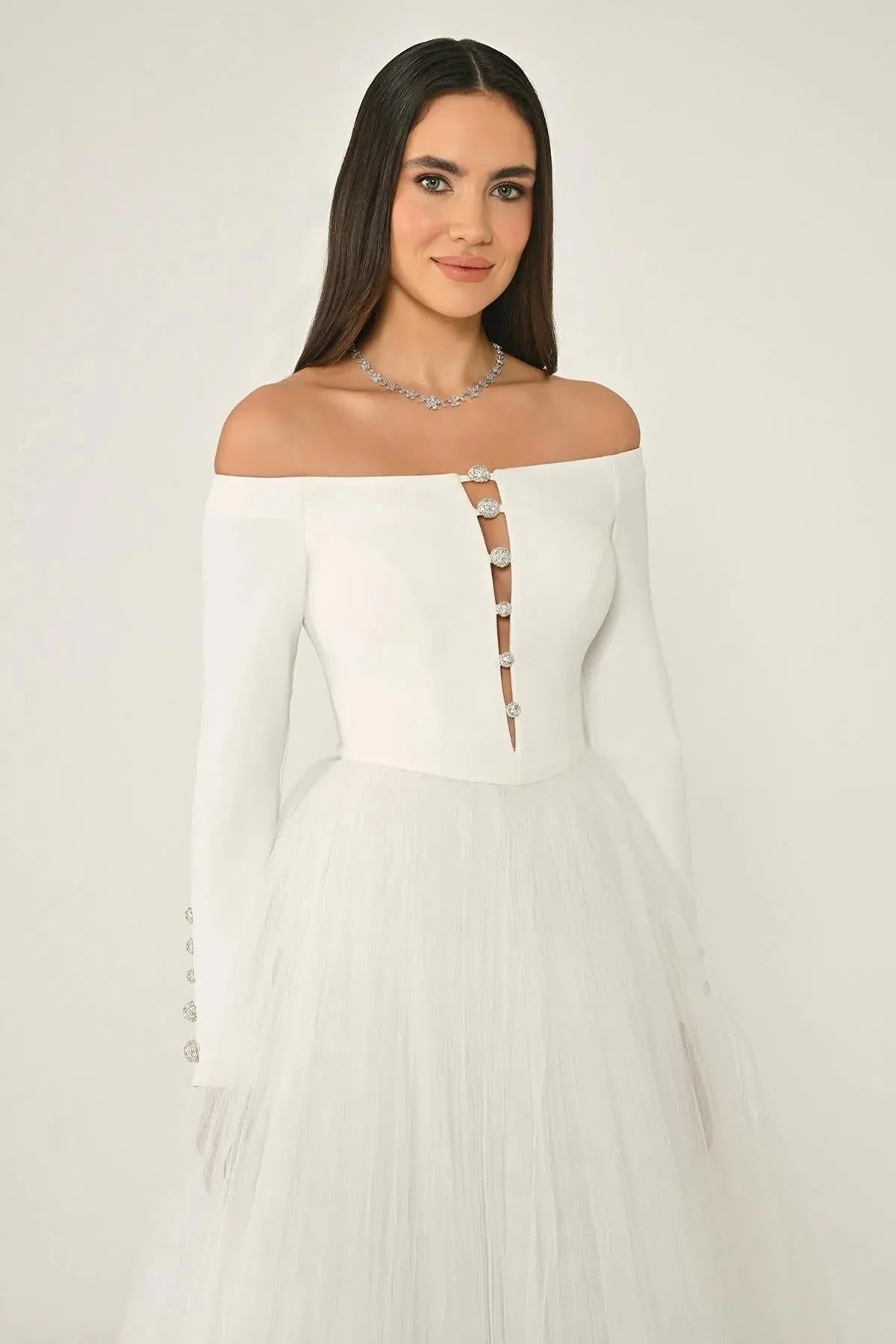 Open Shoulder Button Detailed Sleeved Tulle Skirt Midi Evening Dress