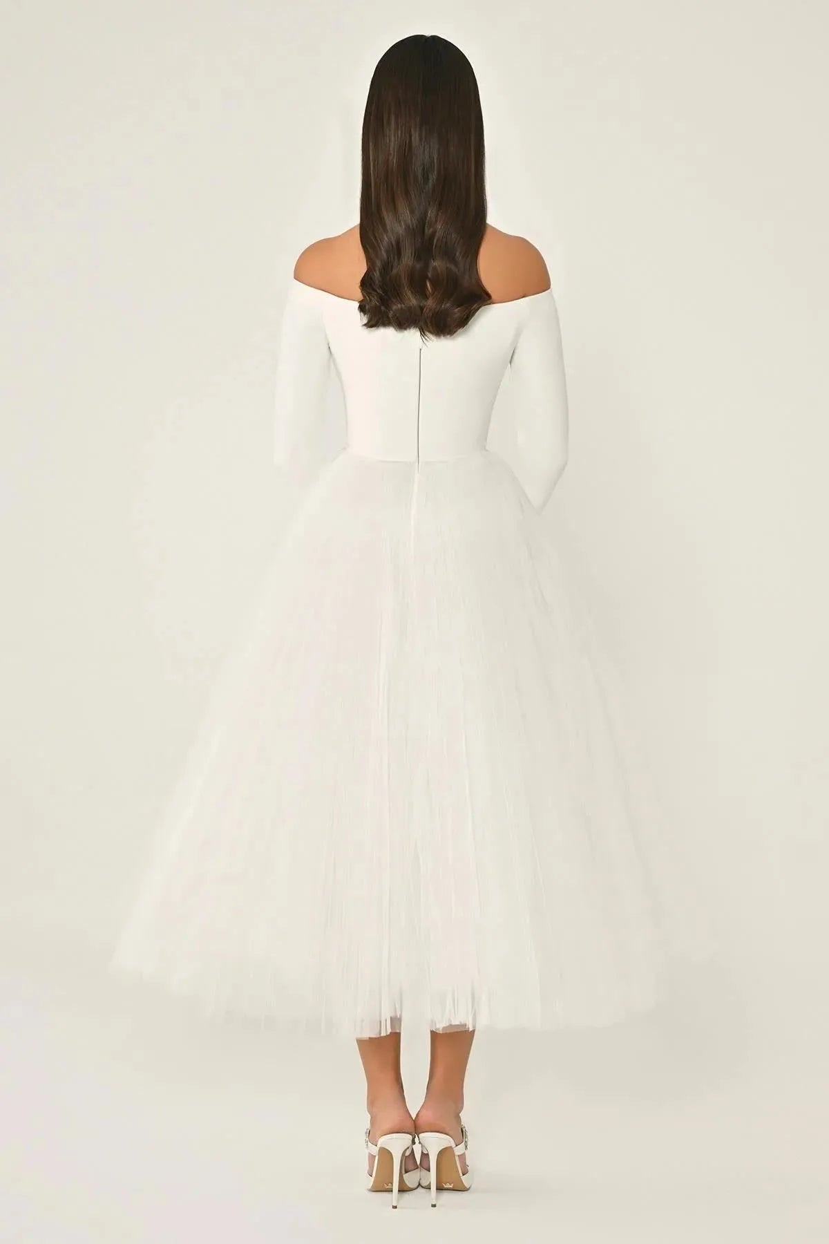 Open Shoulder Button Detailed Sleeved Tulle Skirt Midi Evening Dress