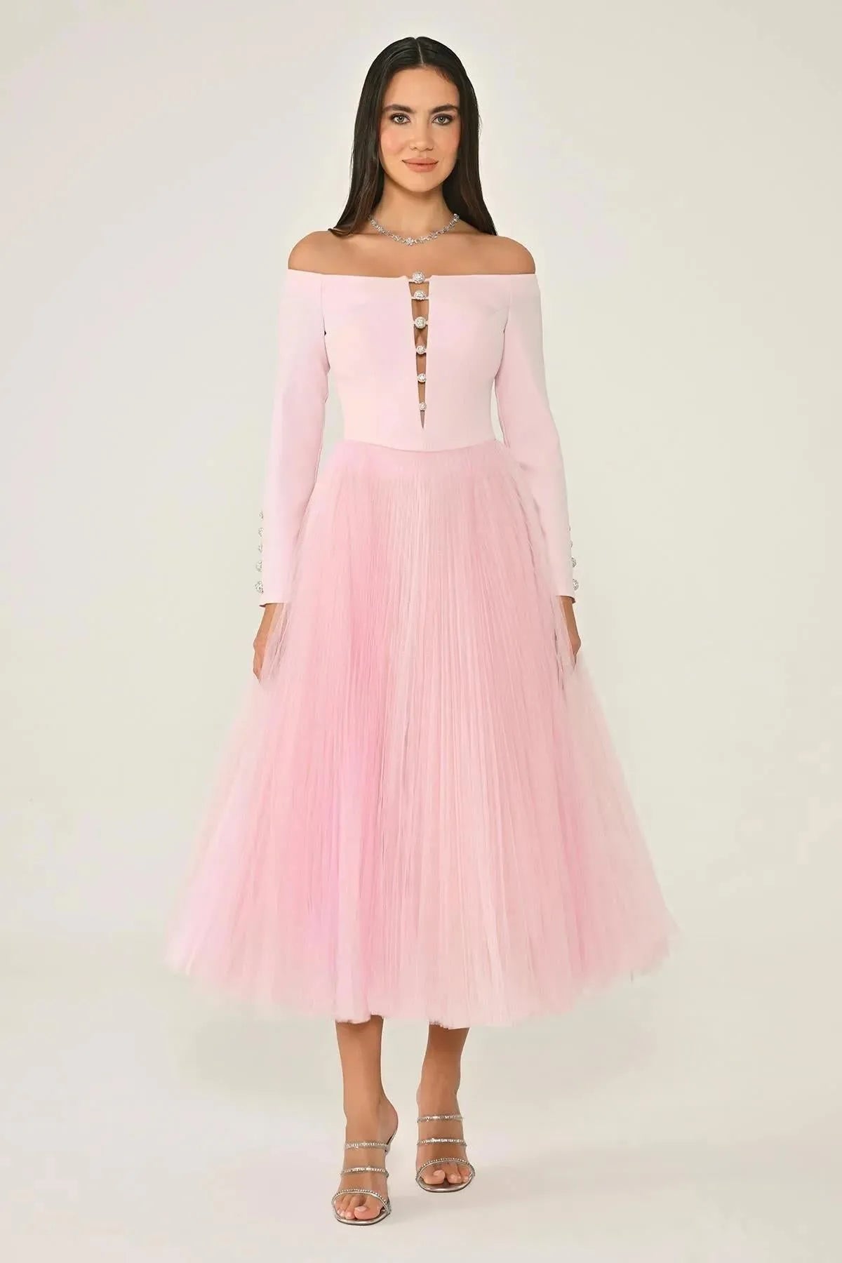 Open Shoulder Button Detailed Sleeved Tulle Skirt Midi Evening Dress