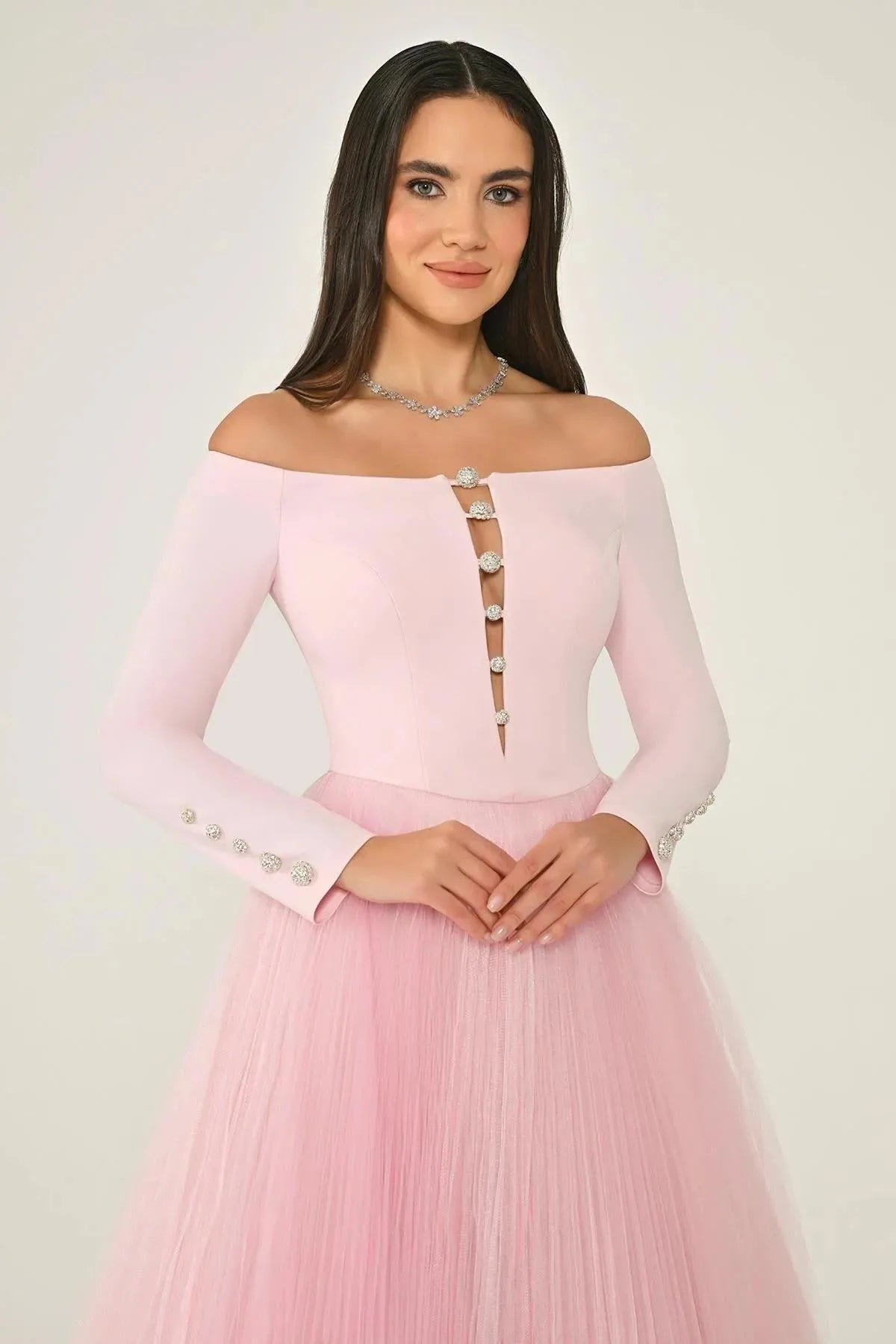 Open Shoulder Button Detailed Sleeved Tulle Skirt Midi Evening Dress