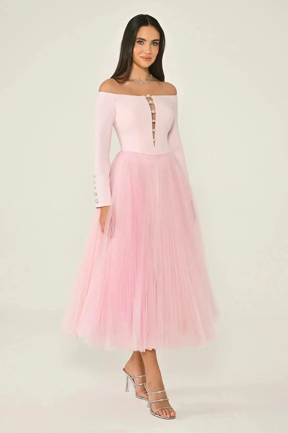 Open Shoulder Button Detailed Sleeved Tulle Skirt Midi Evening Dress