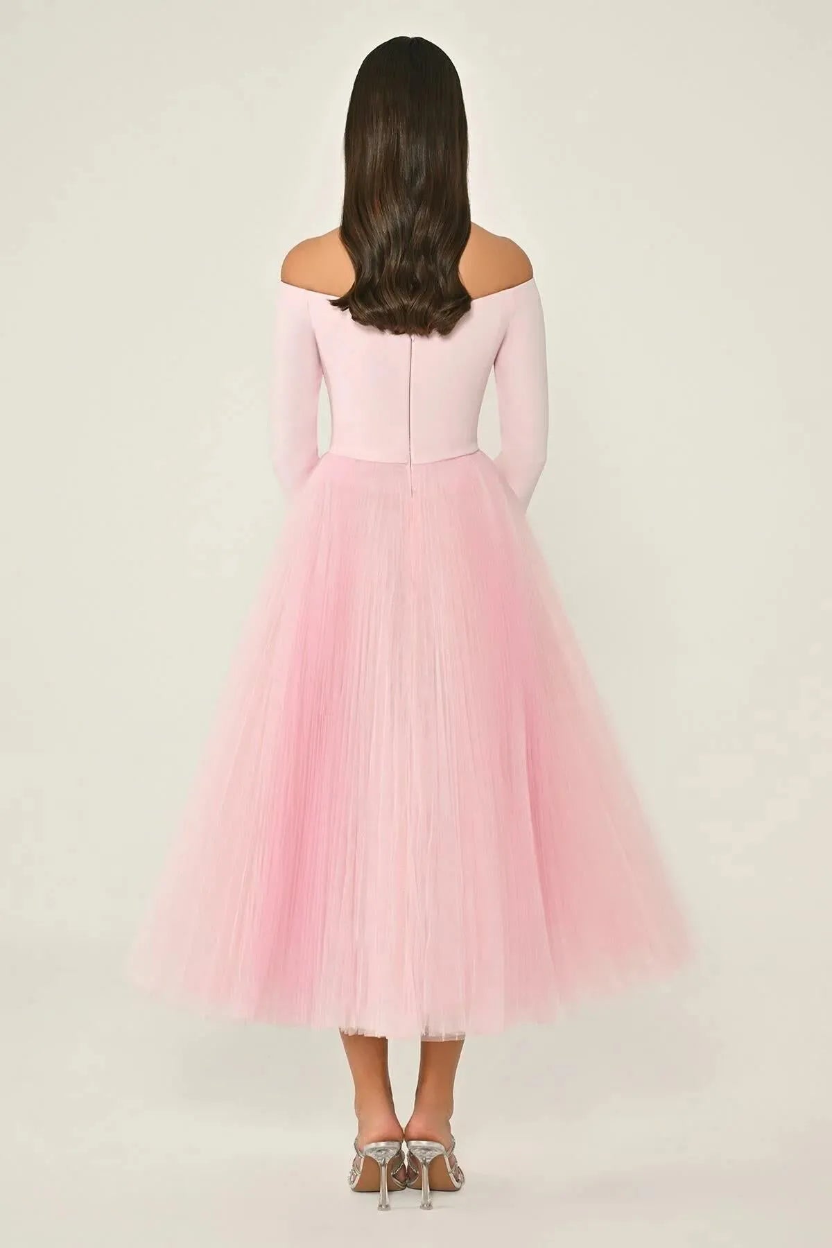Open Shoulder Button Detailed Sleeved Tulle Skirt Midi Evening Dress