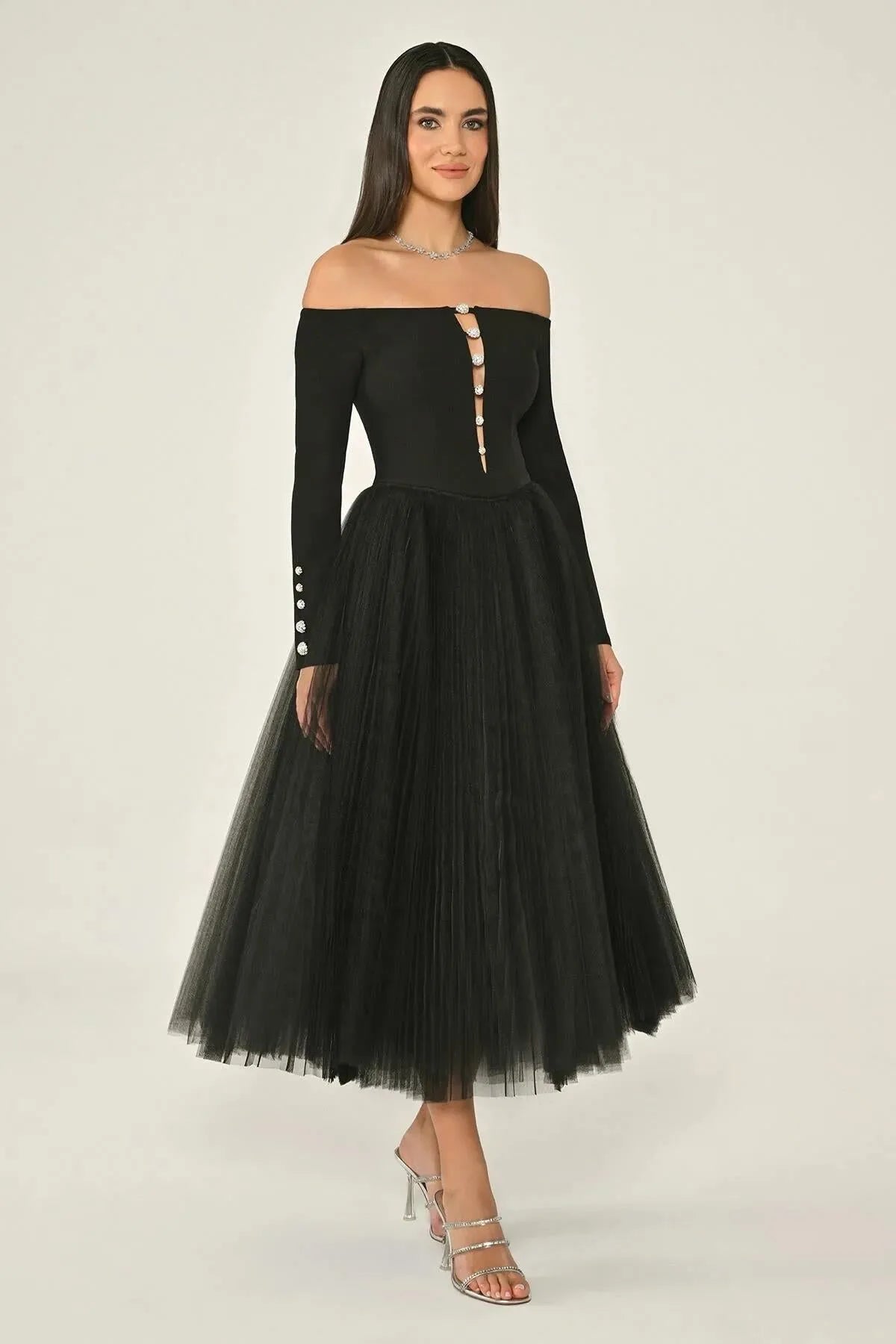 Open Shoulder Button Detailed Sleeved Tulle Skirt Midi Evening Dress
