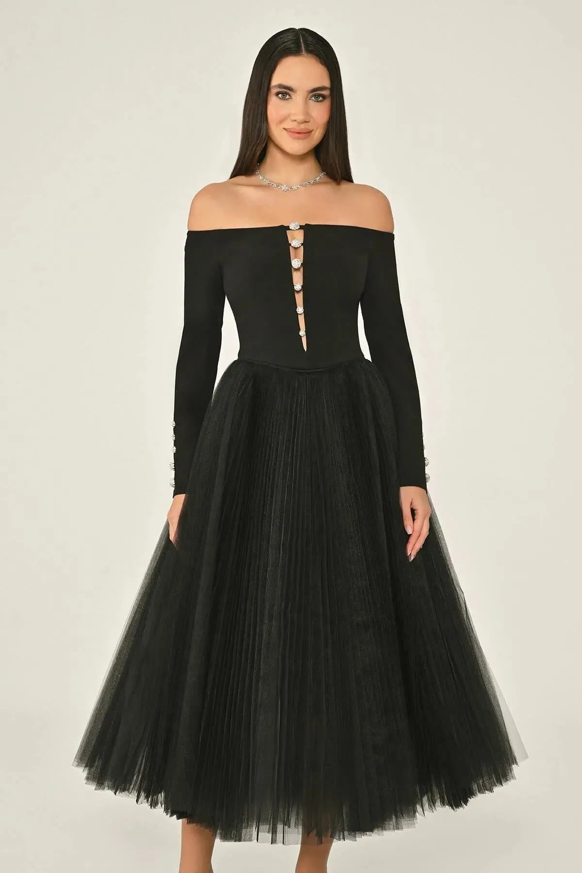 Open Shoulder Button Detailed Sleeved Tulle Skirt Midi Evening Dress
