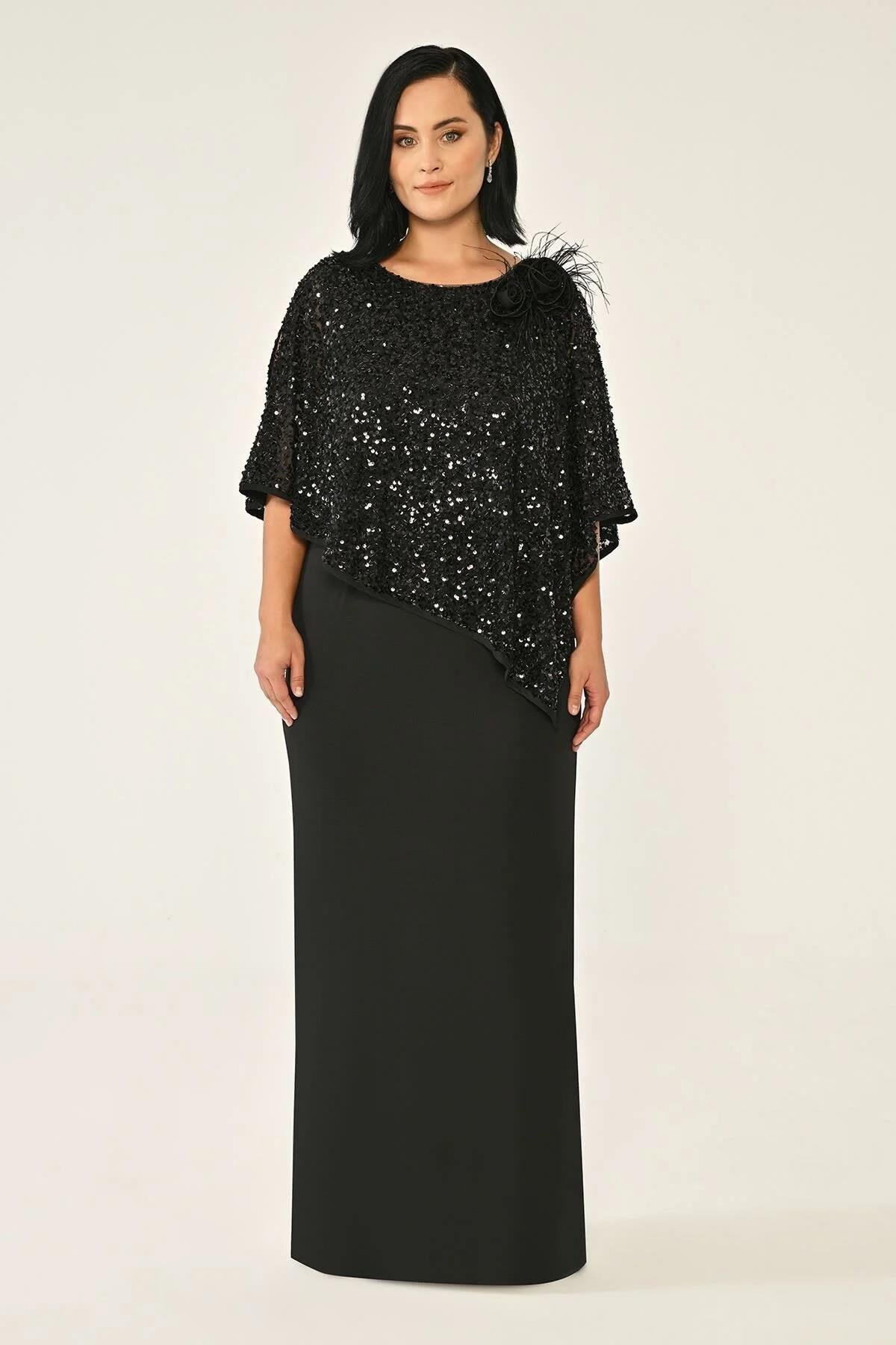 Sequin Shawl Crepe Long Plus Size Evening Dress