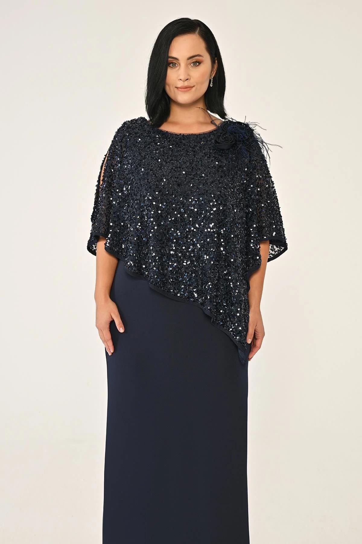 Sequin Shawl Crepe Long Plus Size Evening Dress