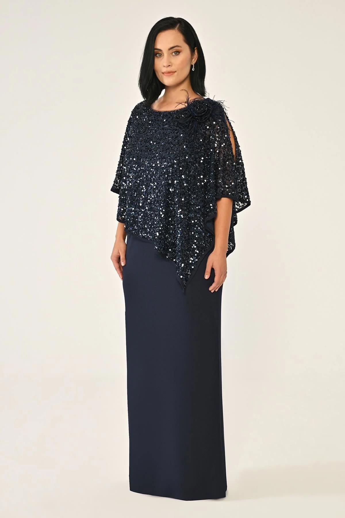 Sequin Shawl Crepe Long Plus Size Evening Dress