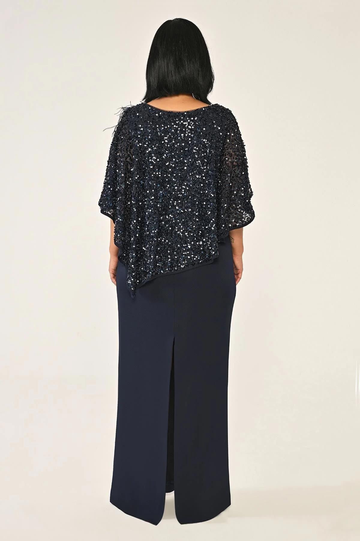 Sequin Shawl Crepe Long Plus Size Evening Dress