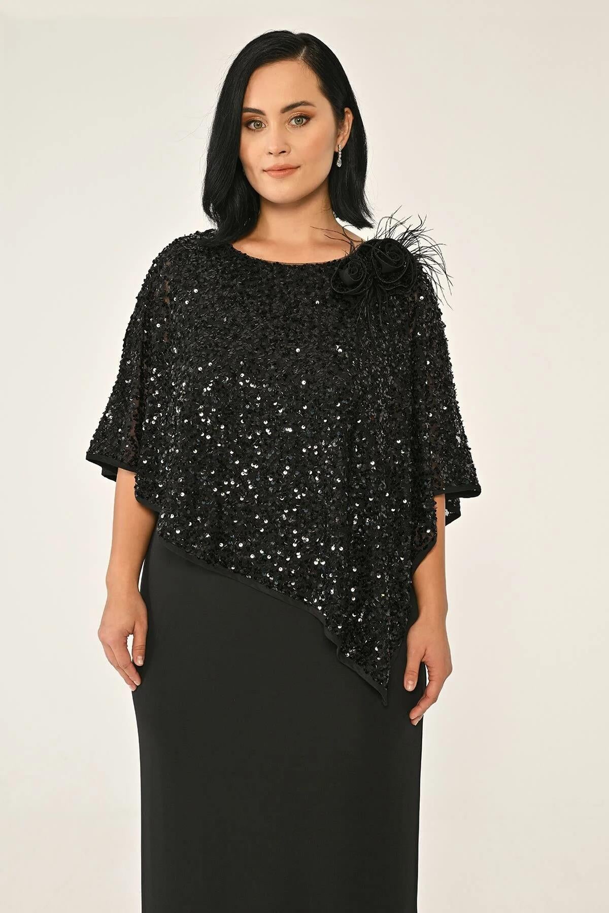 Sequin Shawl Crepe Long Plus Size Evening Dress