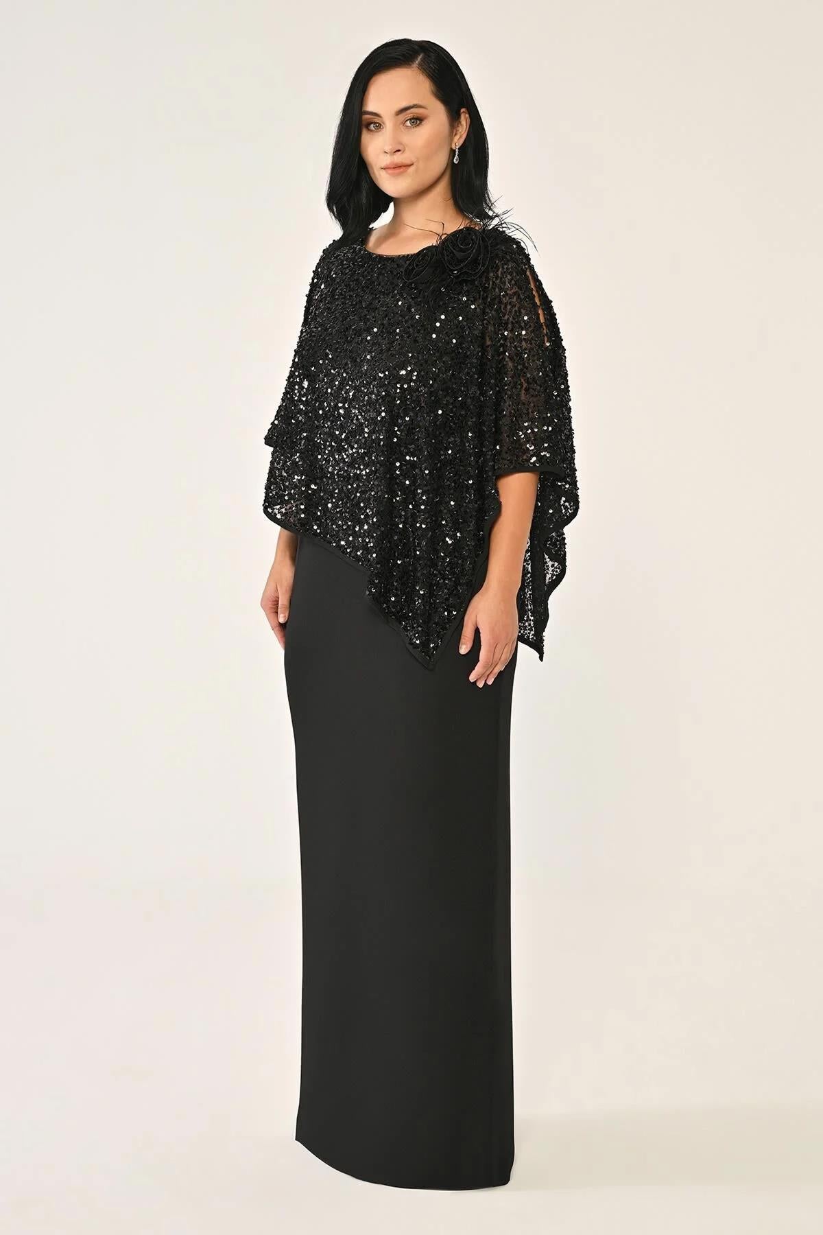 Sequin Shawl Crepe Long Plus Size Evening Dress