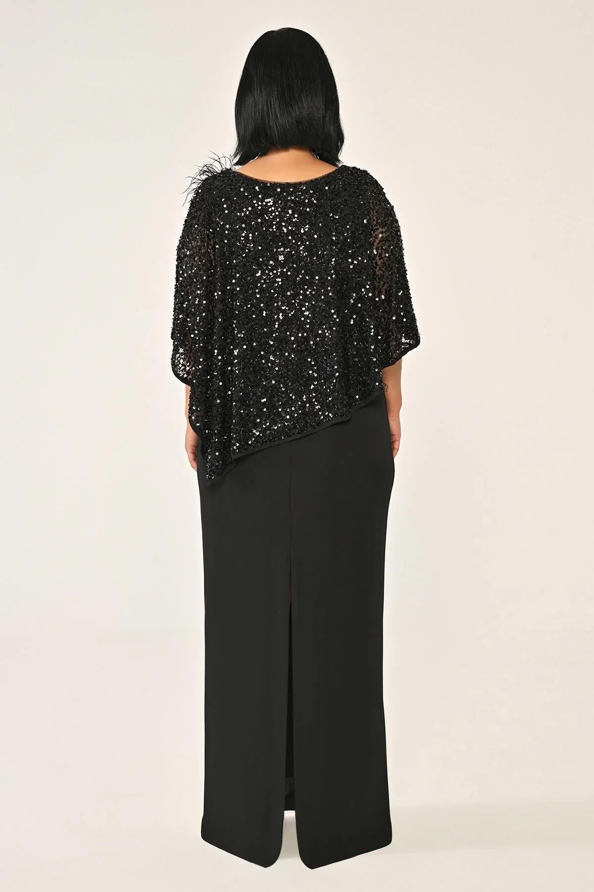 Sequin Shawl Crepe Long Plus Size Evening Dress