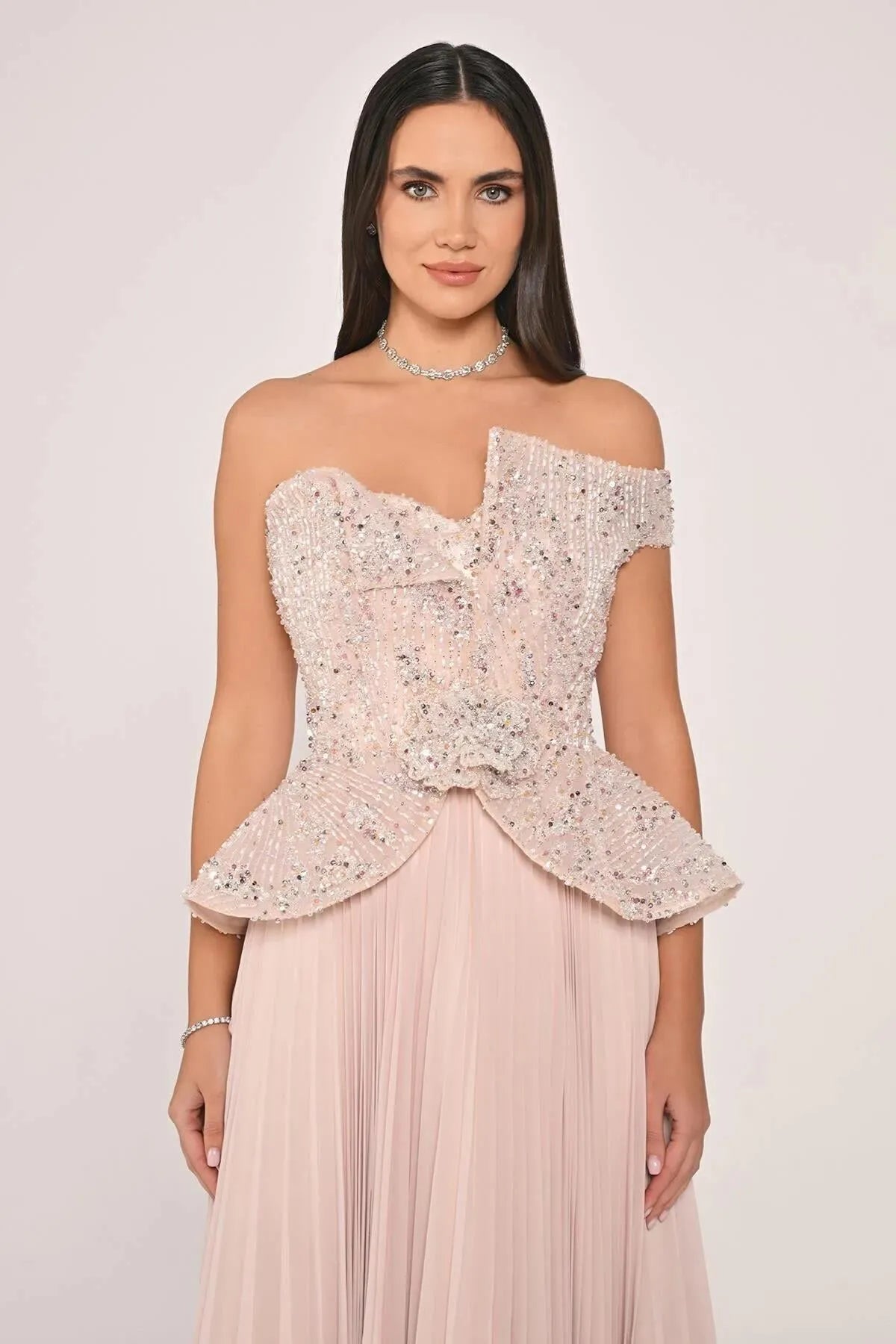 Single Off Shoulder Sequin and Stone Detail Pleated Skirt Chiffon Long Evening Dress