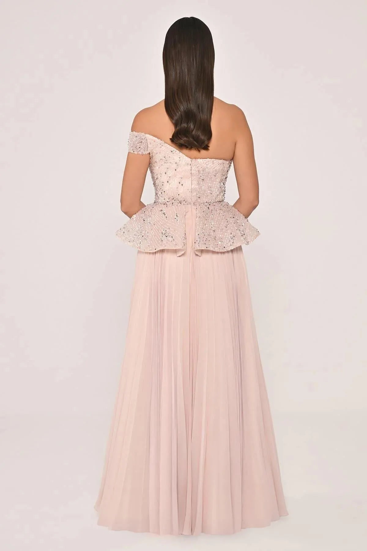 Single Off Shoulder Sequin and Stone Detail Pleated Skirt Chiffon Long Evening Dress