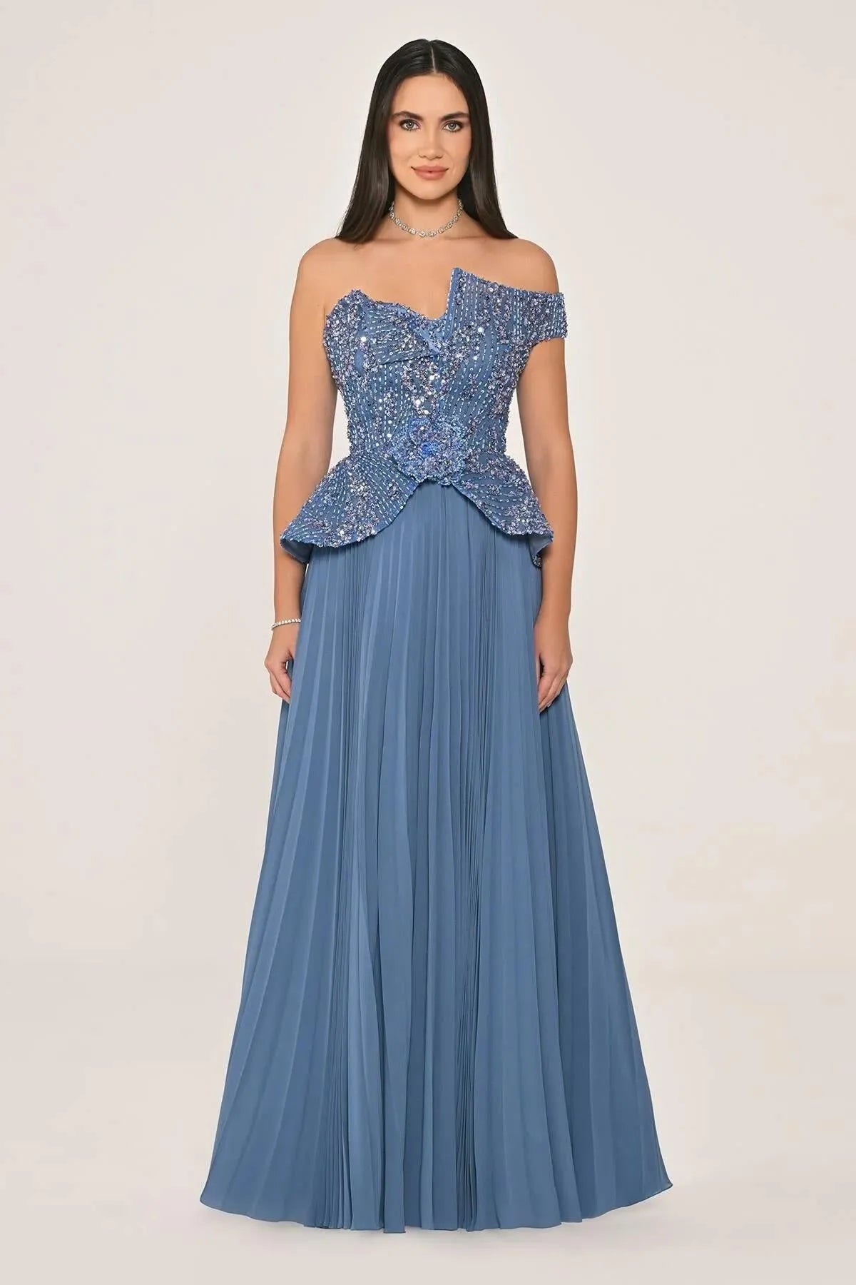 Single Off Shoulder Sequin and Stone Detail Pleated Skirt Chiffon Long Evening Dress
