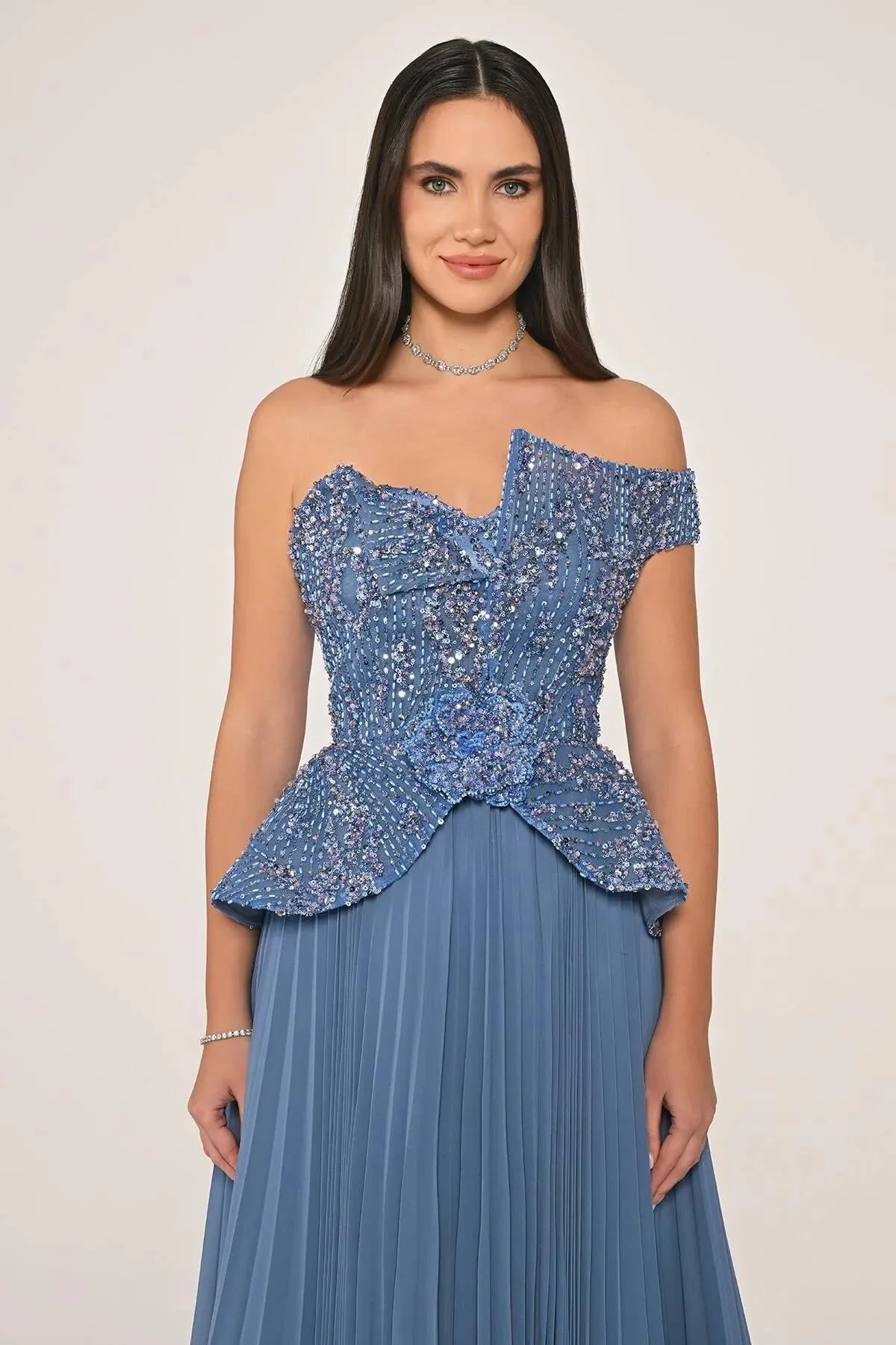 Single Off Shoulder Sequin and Stone Detail Pleated Skirt Chiffon Long Evening Dress