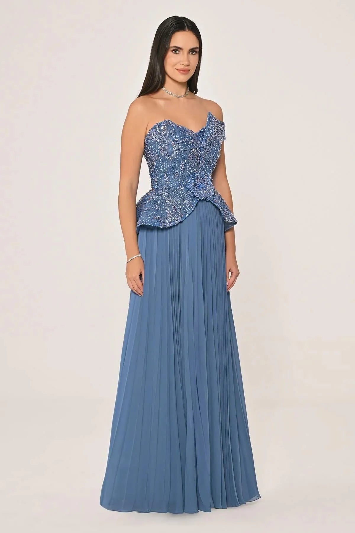 Single Off Shoulder Sequin and Stone Detail Pleated Skirt Chiffon Long Evening Dress