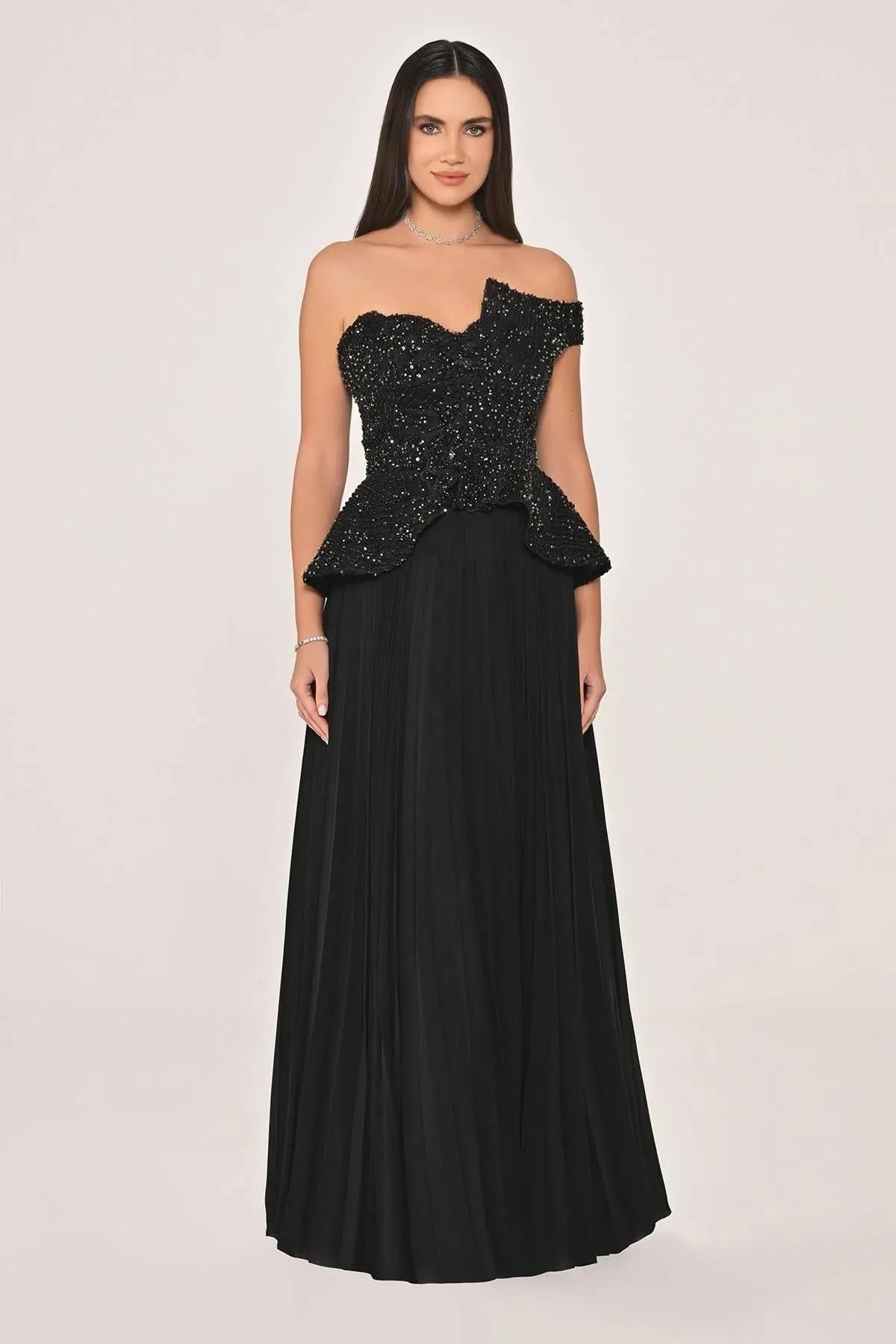 Single Off Shoulder Sequin and Stone Detail Pleated Skirt Chiffon Long Evening Dress