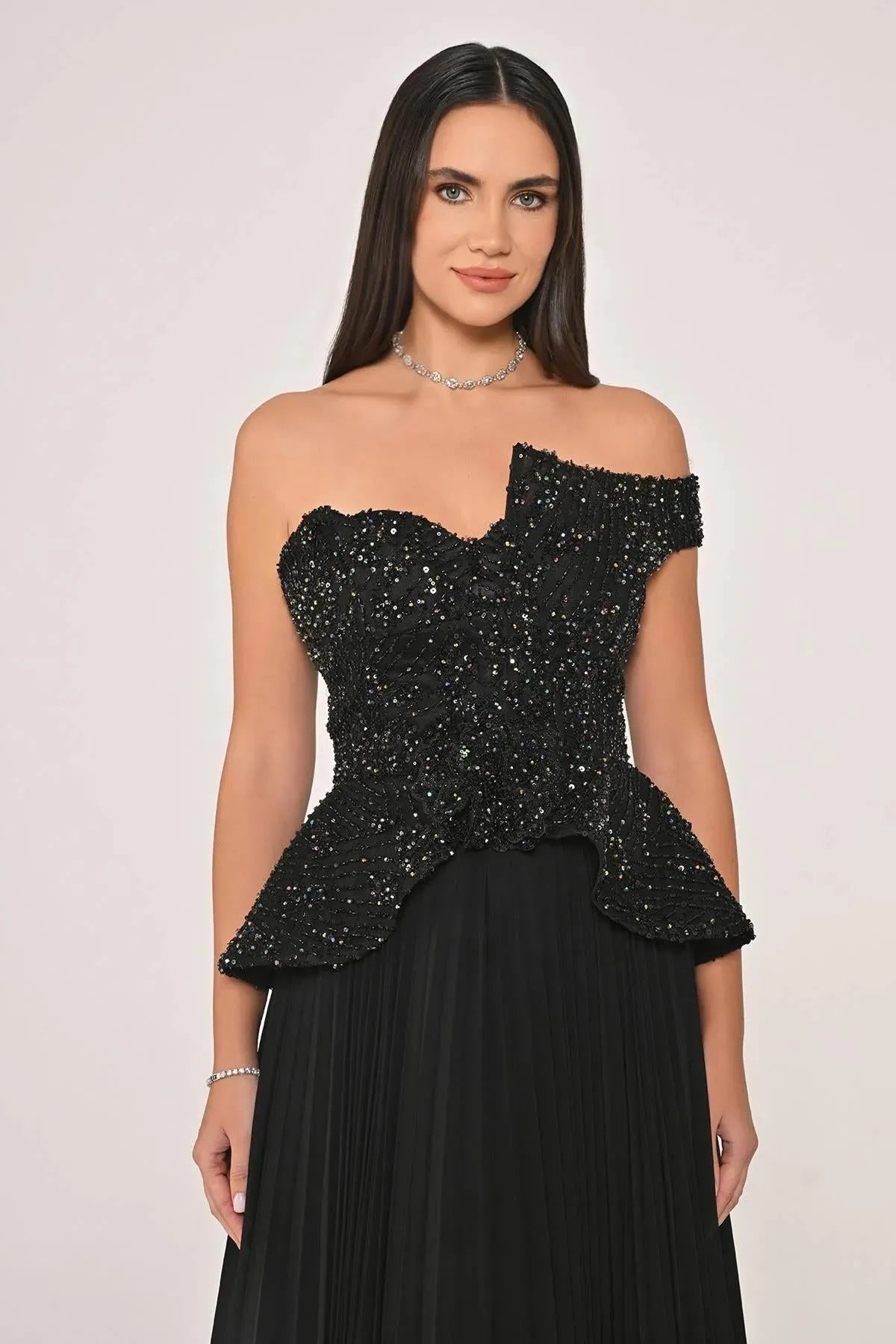Single Off Shoulder Sequin and Stone Detail Pleated Skirt Chiffon Long Evening Dress