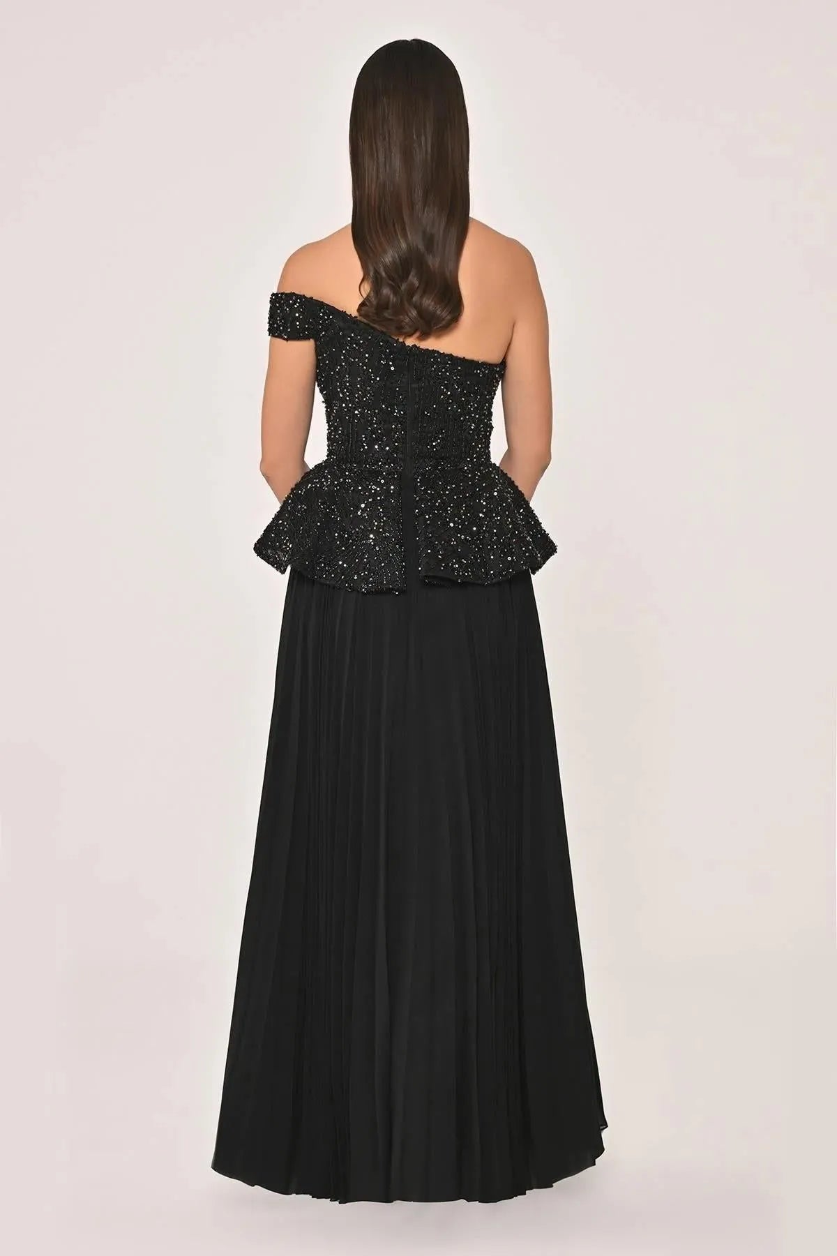 Single Off Shoulder Sequin and Stone Detail Pleated Skirt Chiffon Long Evening Dress