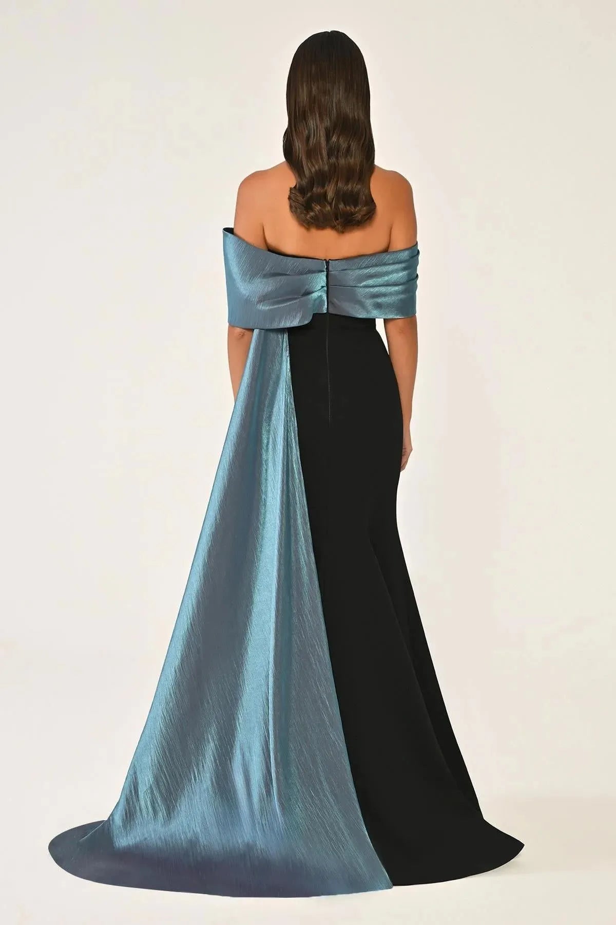 Off Shoulder Top Stone Detailed Tailed Evening Crepe Dress