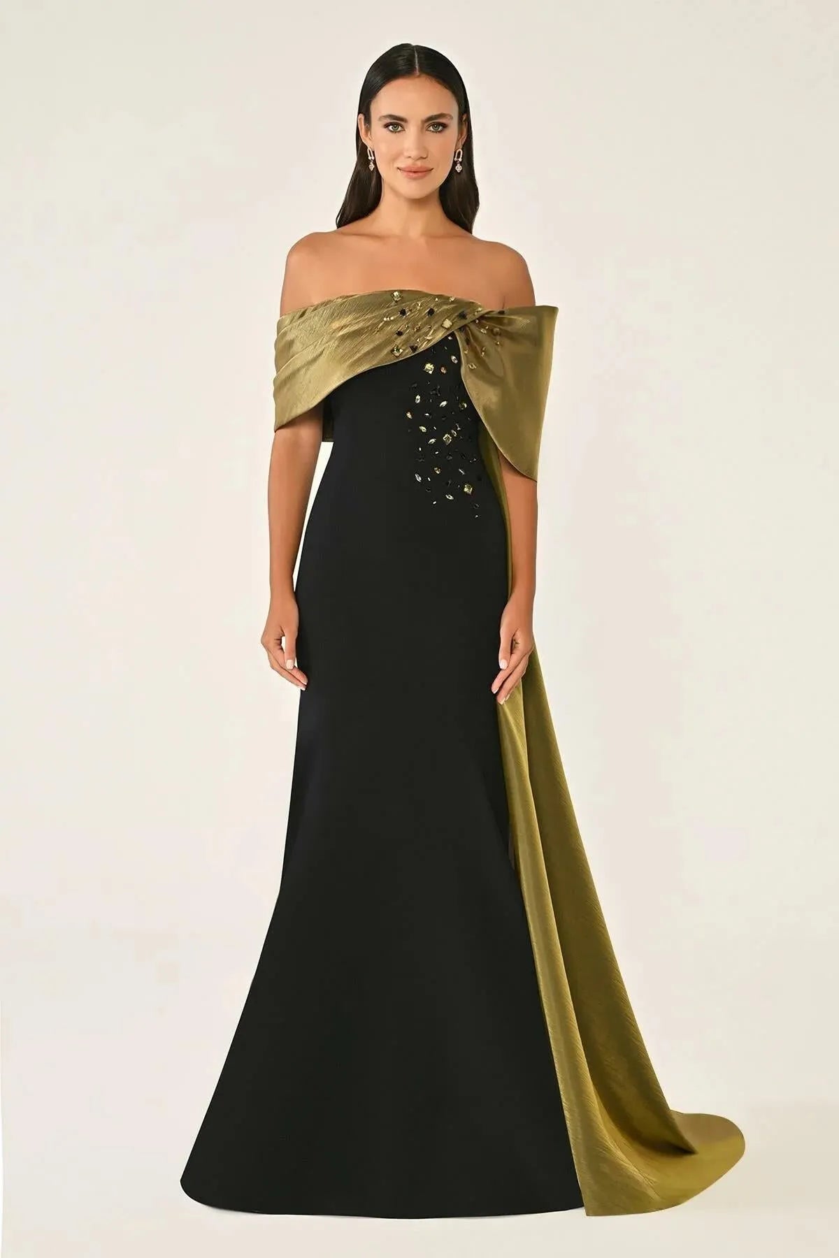 Off Shoulder Top Stone Detailed Tailed Evening Crepe Dress