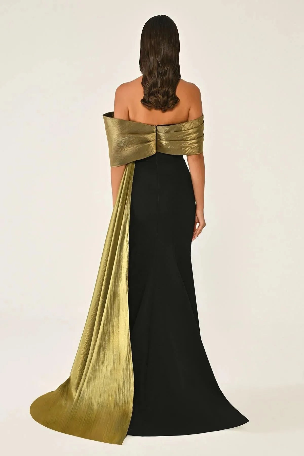 Off Shoulder Top Stone Detailed Tailed Evening Crepe Dress