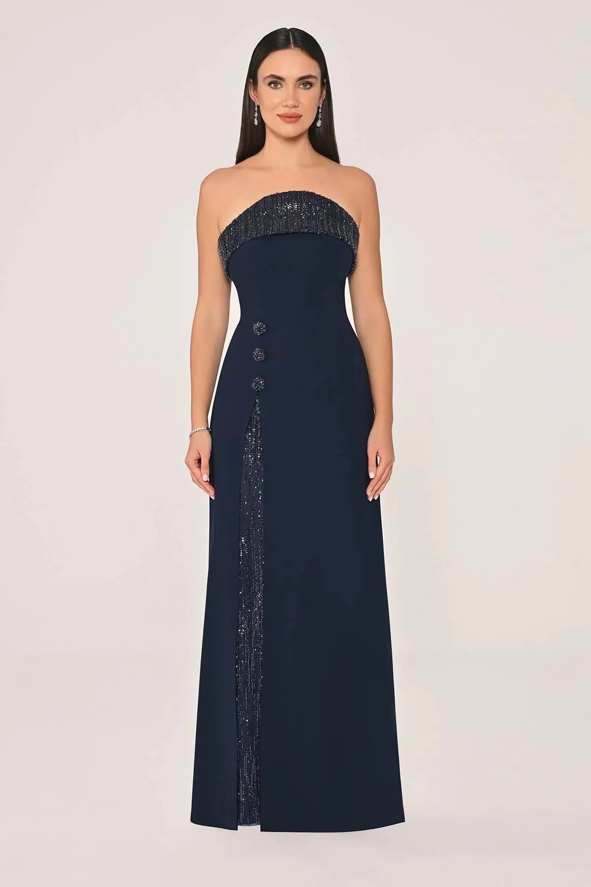 Strapless Chest and Slit Sequined Crepe Long Evening Dress