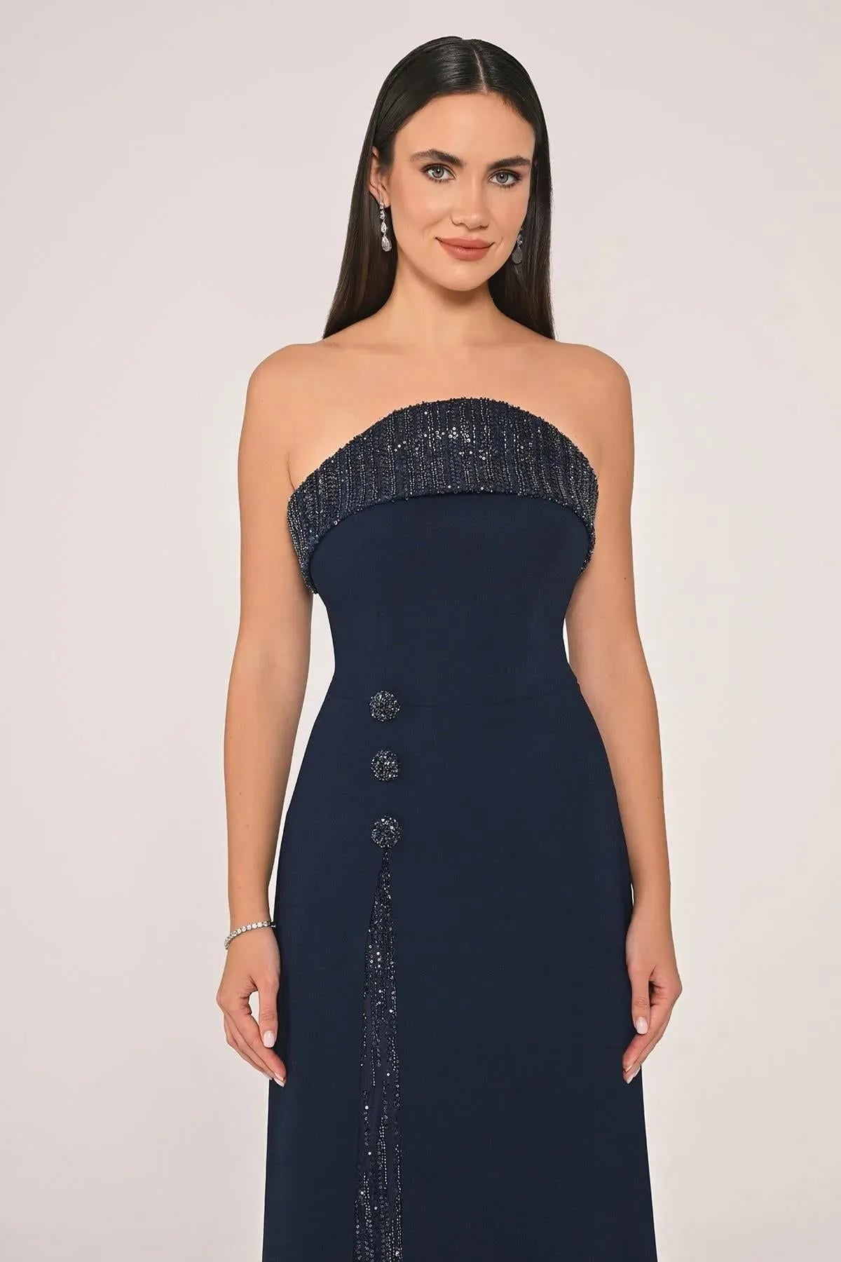 Strapless Chest and Slit Sequined Crepe Long Evening Dress