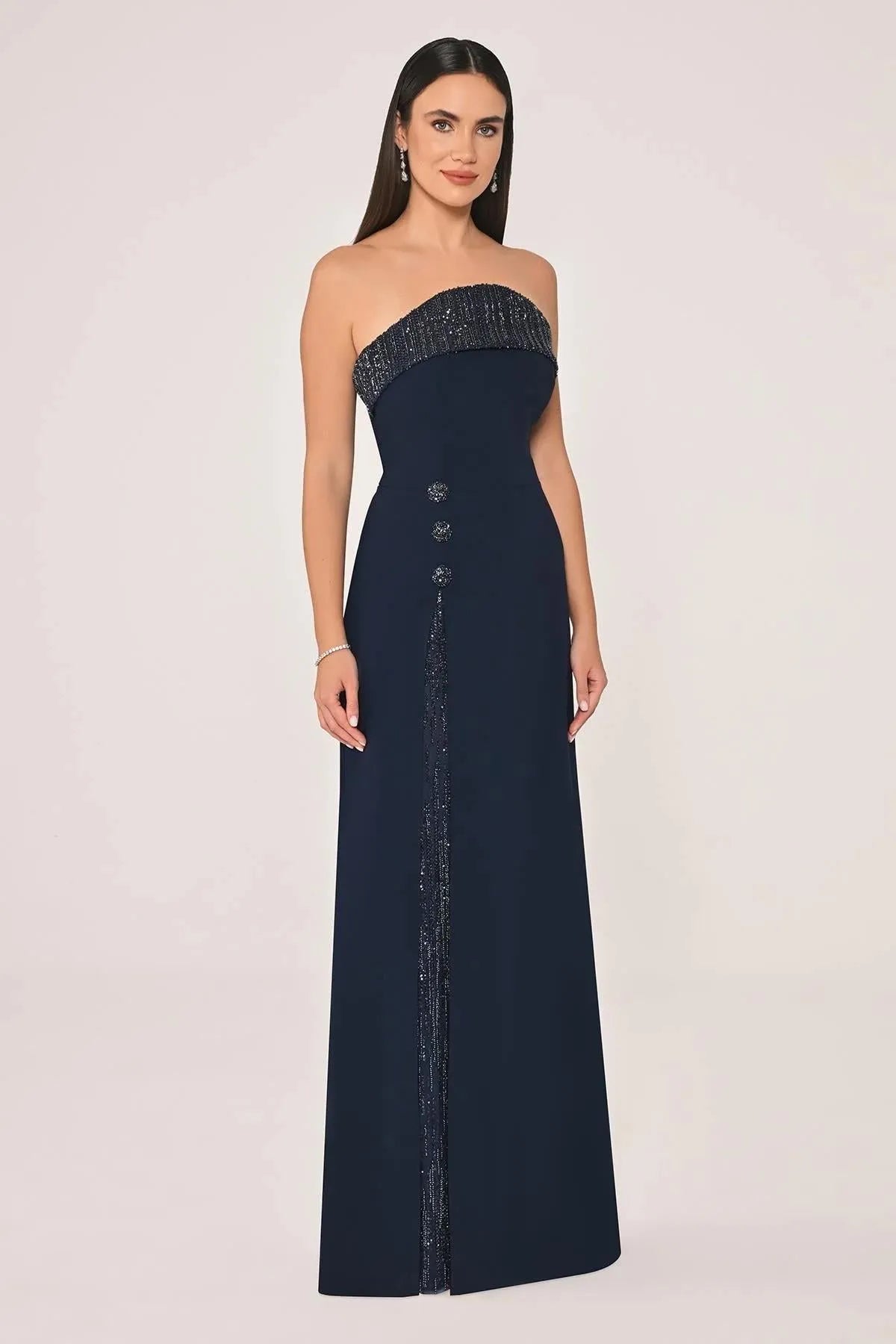 Strapless Chest and Slit Sequined Crepe Long Evening Dress